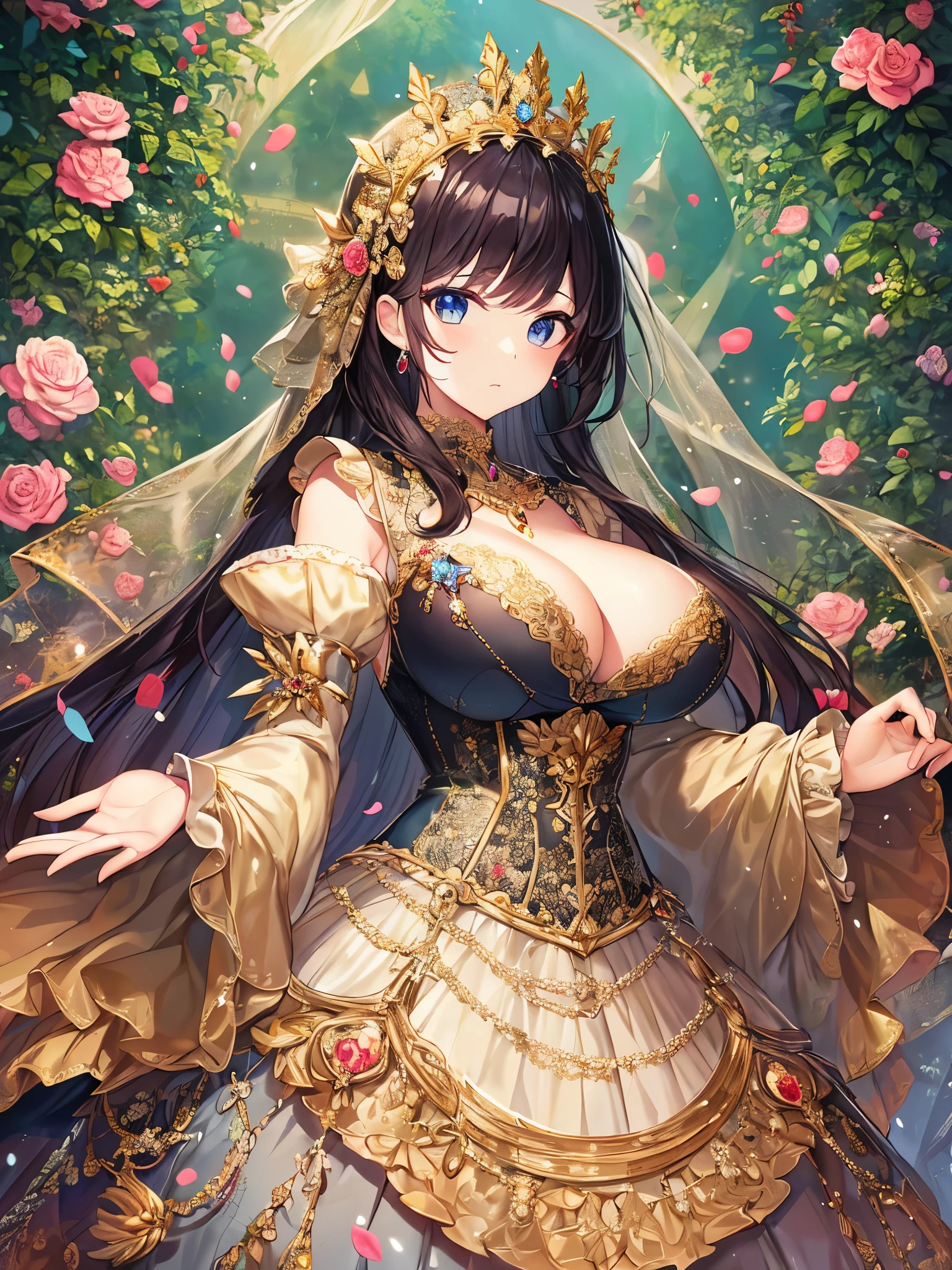 anime artstyle,Masterpiece,Best Quality,Super Detail,((Very Delicate and Beautiful)),((1 princess in beautiful embroidery and jeweled gorgeous rococo ballgown with voluminous crinoline hoop skirt)),((crinoline style)),((Solo)),Standing,((full body)),(((very very gigantic tits,sagging tits,skindentation))),cleavage,detailed face and eyes,jewel-like eyes,((extremely voluminous straight Hair,Extremely Long Straight Hair)),((gorgeousfull embroidery and lace,beautiful embroidery and jeweled)),Gorgeous Gemstone Jewelry,gorgeous corsage,gorgeous hair ornament,((gorgeous glitter jeweled tiara)),((full body)),((beautiful embroidery and jeweled gorgeous rococo ballgown with voluminous crinoline hoop skirt)),((crinoline,Long train)),(Standing in luxury garden),,floating castle,flowers,flower petals flowing,Dynamic Angle,Looking at viewer,(((beautiful embroidery and jeweled gorgeous rococo ballgown with voluminous crinoline hoop skirt))),full body,