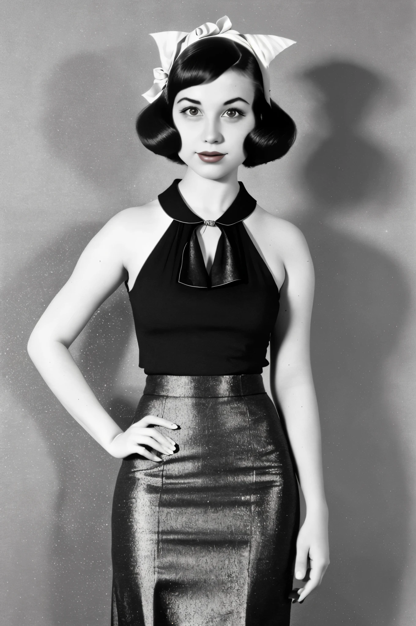 portrait of  a girl, a retro haircut, double tails, dressed in a 1930s-inspired dress, pencil skirt