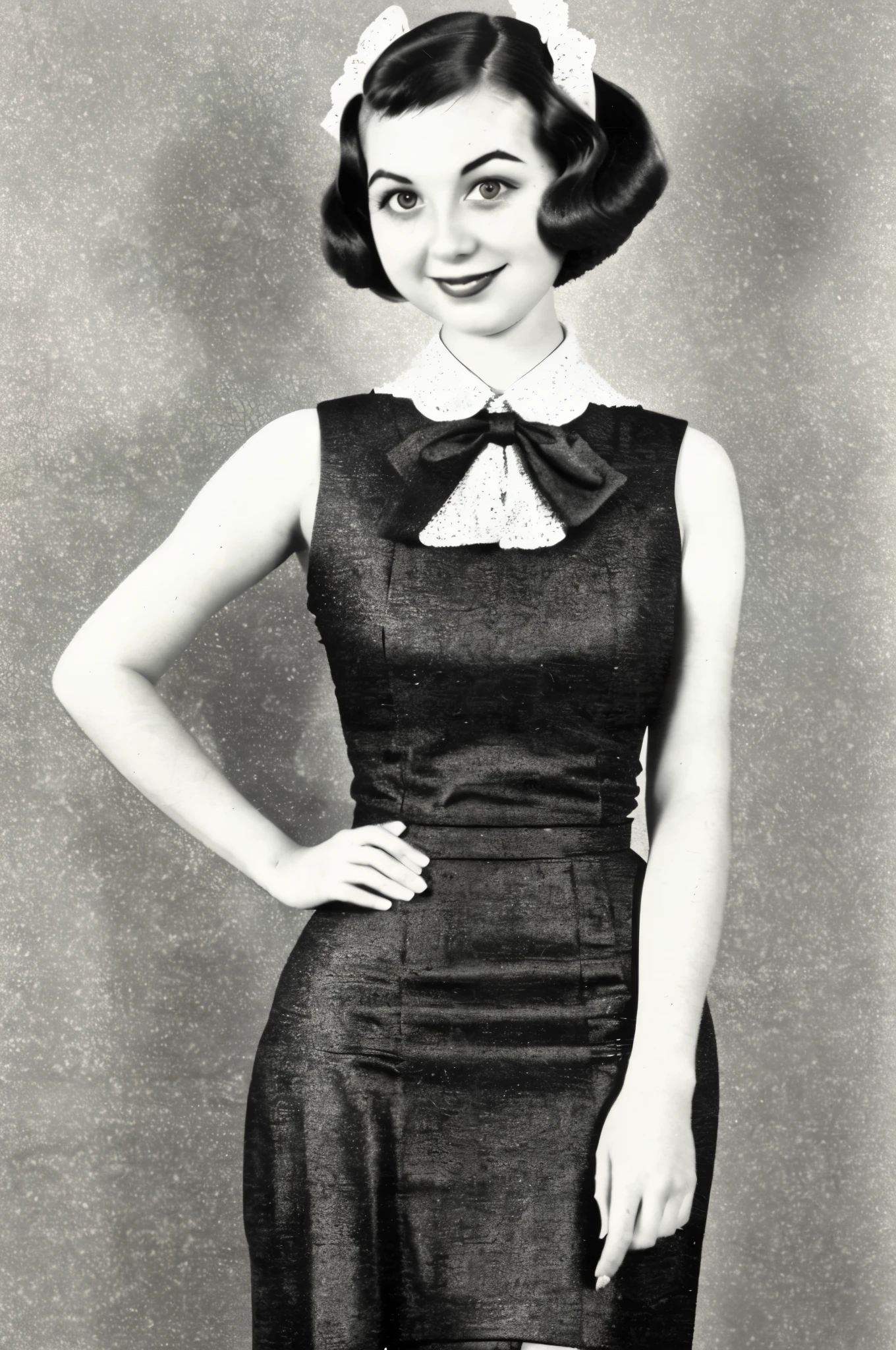 portrait of  a girl, a retro haircut, double tails, dressed in a 1930s-inspired dress, pencil skirt