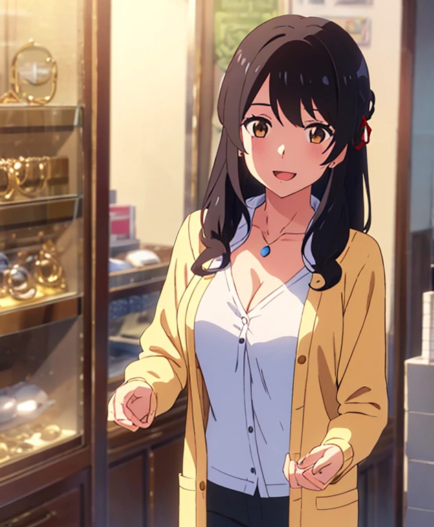 shinkai makoto, kimi no na wa., 1girl, bangs, black hair, brown eyes, open mouth :D, Twisted Half Up, red ribbon, long hair, long sleeve light yellow cardigan, open shirt, white shirt, cleavage, breast, medium breast, name tag written "LUMINE Miyamizu", looking at the viewer, indoors, jewelry products, jewelry shop, jewelry saleswoman, indoors, mall, masterpiece, perfect anatomy, cowboyshot, POV (POV boy's hands holding girl's chest POV)