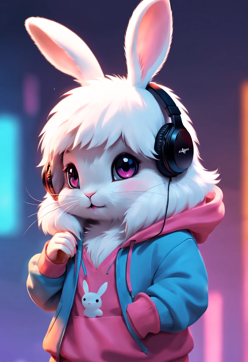 Cute rabbit with fluffy fur wearing one hoodie and headphones, The background is modern, Adorable Digital Painting, 3d rendered, Bright lighting, Vibrant colors,