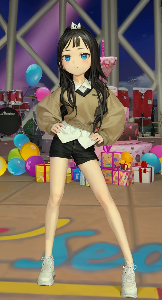 1 girl, alone, Masterpiece, the best_quality, photography, looking at camera, young adult guard, Tired expression, โปgameอน, โปgameอน (game), game freak, Nintendo, (porcelain skin), blue eyes, (black hair), (I'm busy in a ponytail.), black cardigan, Loose-fitting shirt, Black sweatpants, gen 3 โปgameอน, โปgameอน (organism), white skin, concrete background, lean against 