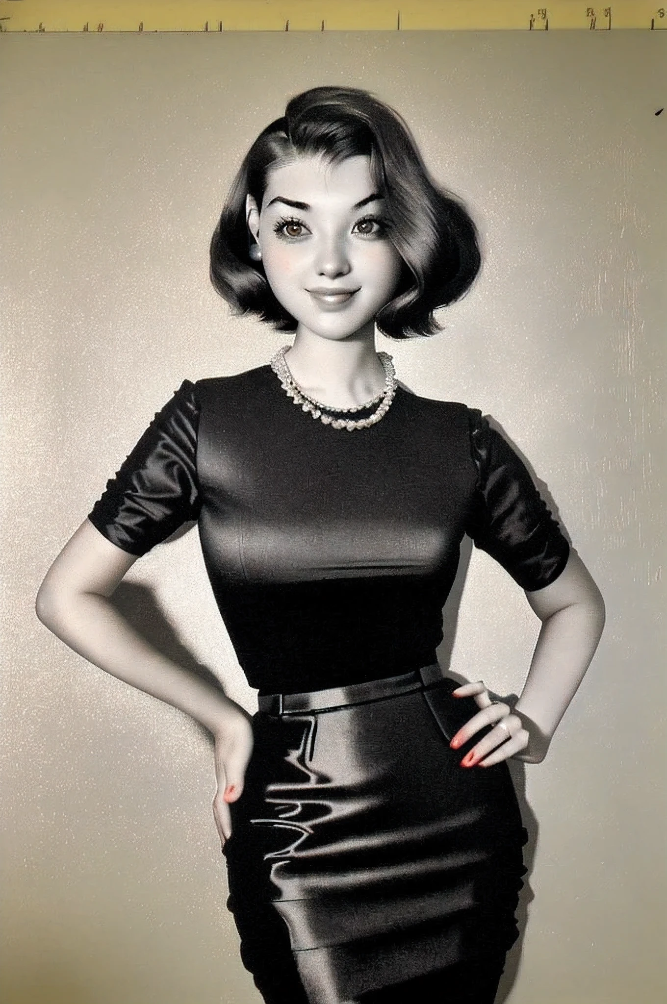 portrait of  a girl, a retro haircut, double tails, dressed in a 1930s-inspired dress, pencil skirt