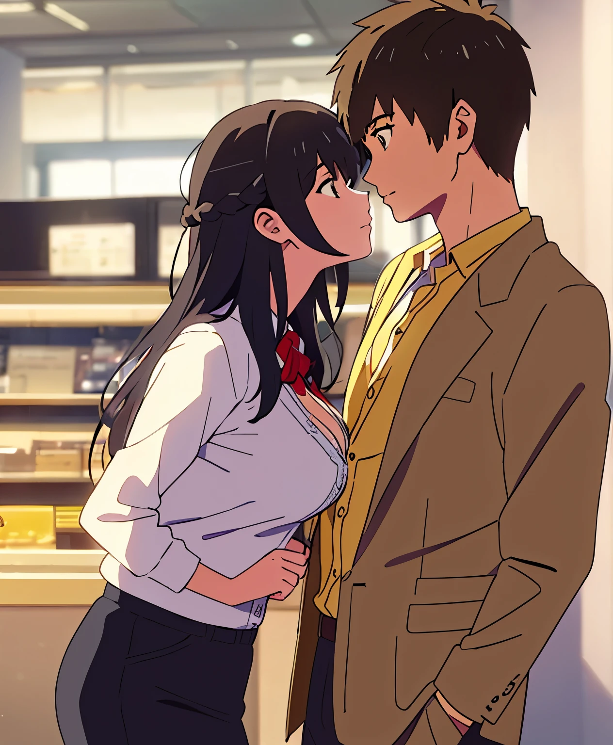 masterpiece:1.6, best quality), finely detailed beautiful eyes: 1.2), colorful, shinkai makoto, kimi no na wa., 1boy, buzzcut, muscular, kiss, brown eyes, office worker suit, boy caressing girl's body, breast groping, breast grope, hold breast, 1girl, bangs, black hair, brown eyes, waterfall braid, red ribbon, long hair, long sleeve light yellow cardigan, open shirt, yellow shirt, cleavage, breast, medium breast, black pants,  indoors, jewelery shop, mall, cowboy shot, face to face