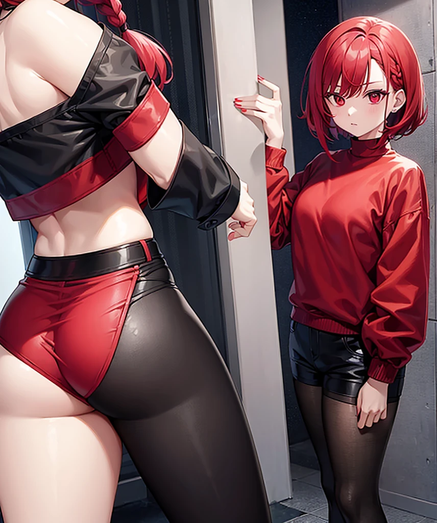 woman、bright red hair,short bob,Braiding hair,red eyes,Black long sleeves,Black shorts,
