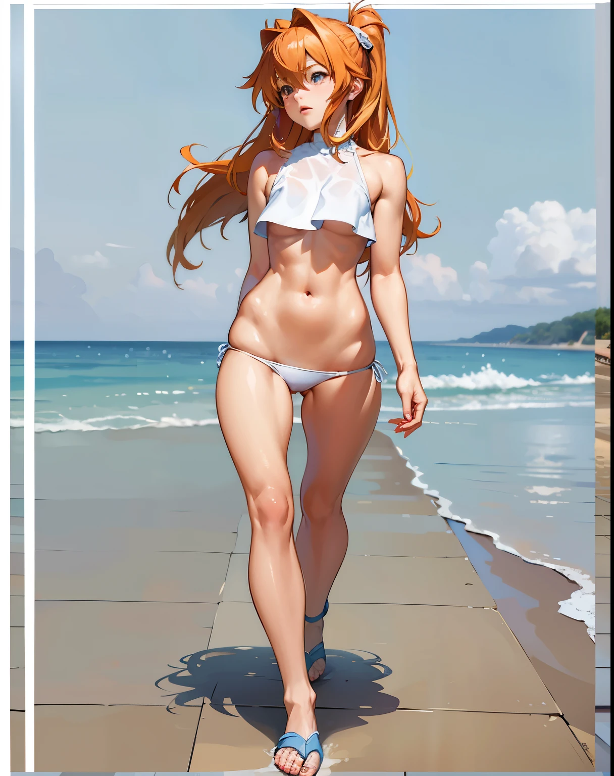 anime girl in bikini walking on the beach with her hair blowing in the wind, realistic bikini, asuka como modelo surfista, corpo perfeito fotorrealista, photorealistic rendering of anime girl, corpo inteiro fotorrealista, Asuka Langley, Asuka Langley soryu, terno asuka sob a roupa!, Asuka Langley sohryu, anime 3d realista