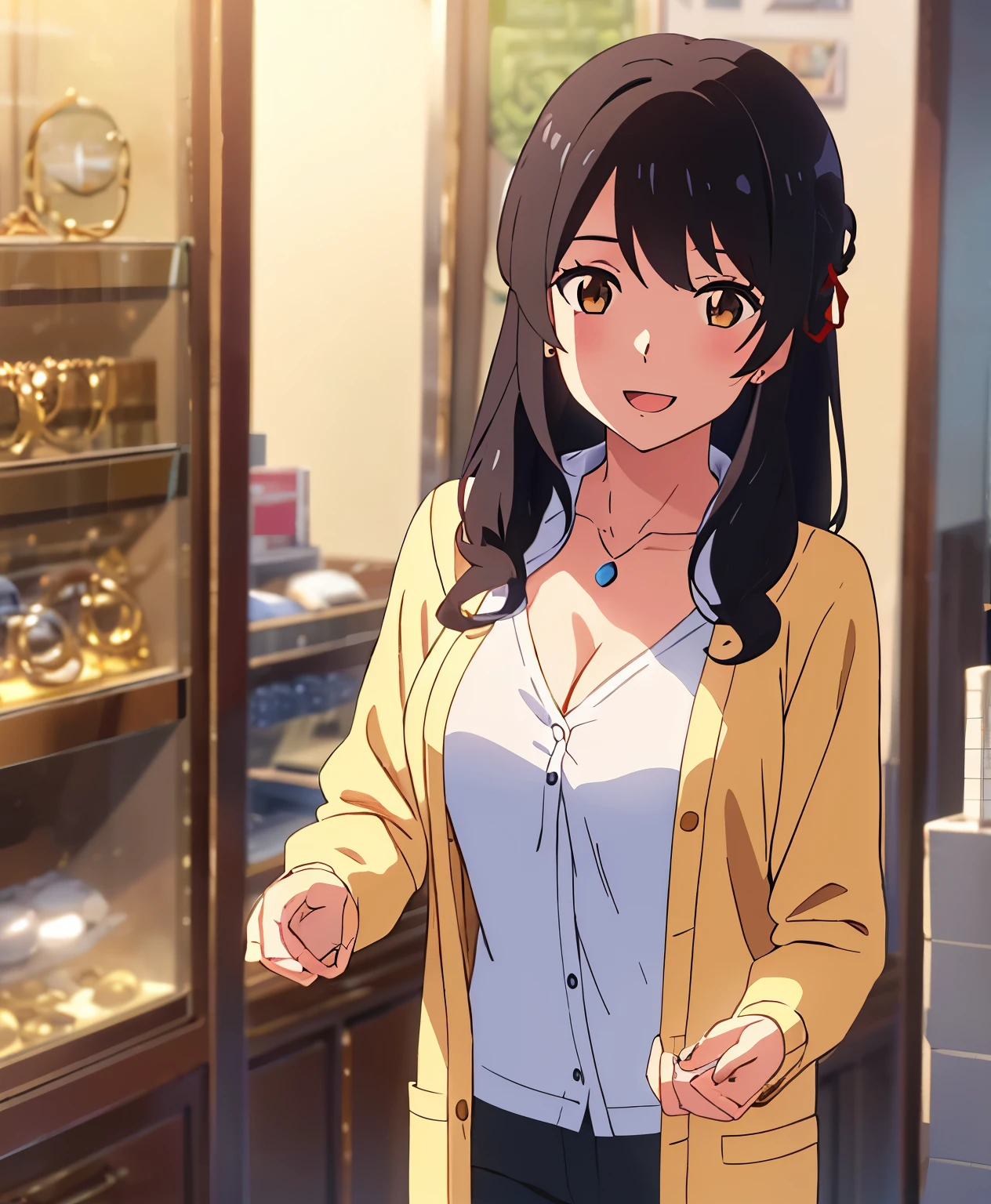 shinkai makoto, kimi no na wa., 1girl, bangs, black hair, brown eyes, open mouth :D, Twisted Half Up, red ribbon, long hair, long sleeve light yellow cardigan, open shirt, white shirt, cleavage, breast, medium breast, name tag written "LUMINE Miyamizu", looking at the viewer, indoors, jewelry products, jewelry shop, jewelry saleswoman, indoors, mall, masterpiece, perfect anatomy, cowboyshot, POV (POV boy's hands holding girl's chest POV)