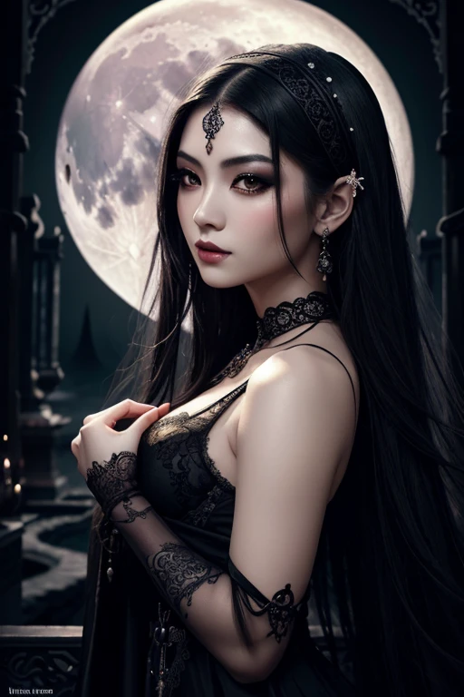 (Masterpiece, Best Quality, Hi-Res: 1.4), Detail, Intricate Detail, 4K, Professional Lighting, Black Hair Girl with Braids, Black Shiny Body Painting, White Skin, Full Moon, Night Graveyard, Blue Eyes, Small, Slender