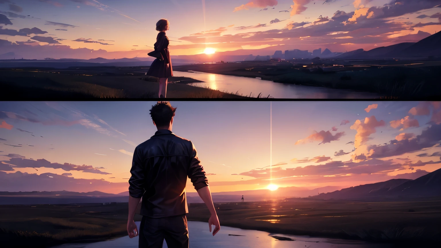 1boy leaving his girl, 1girl leaving boy, beautiful scene, emotional scene, sunset, beautiful landscape, 8k, highly detailed, cinematic, sad scene, emotional scene