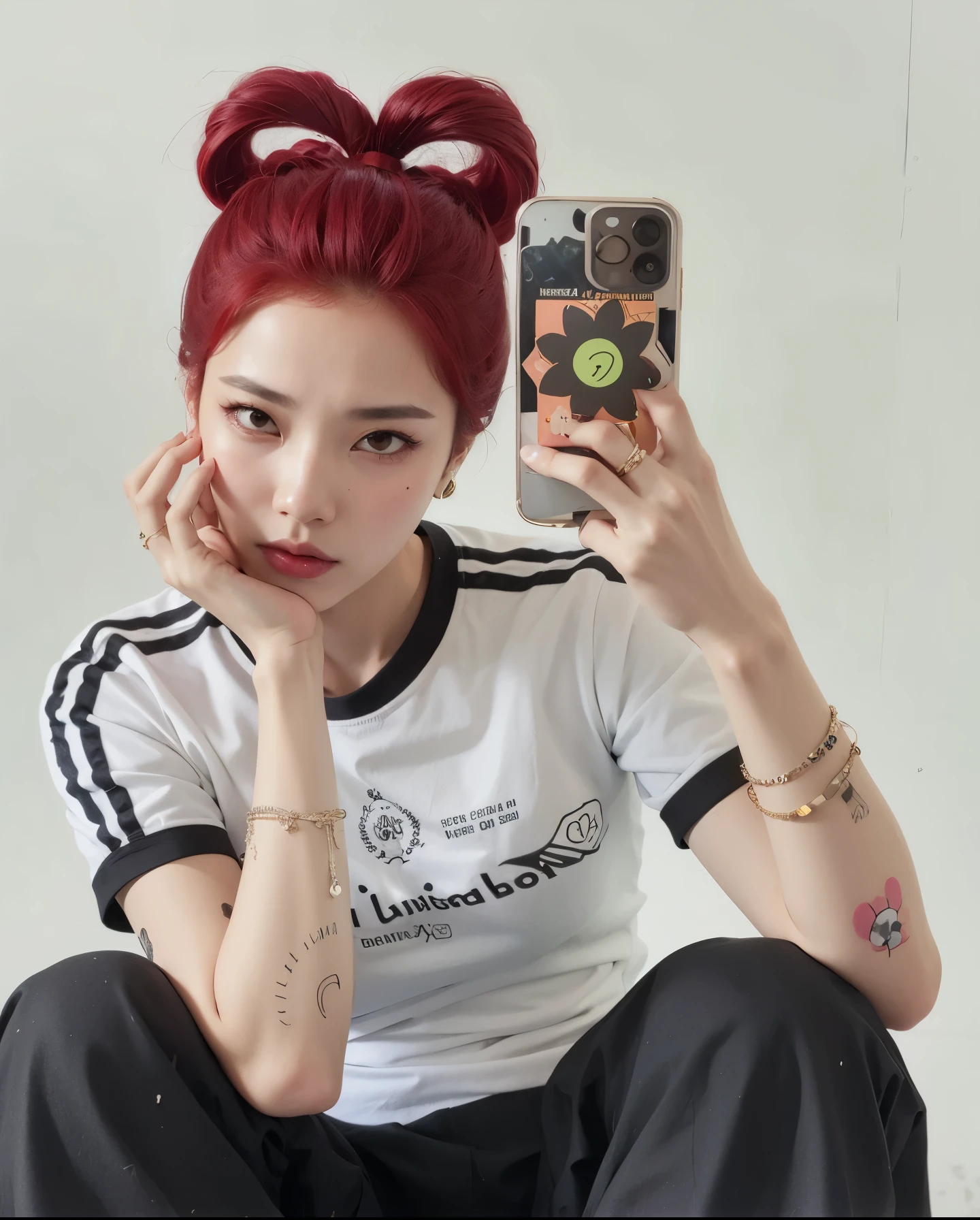 tem uma mulher com cabelo ruivo segurando um celular, Ulzzang, com cabelo ruivo, Sun Yunjoo, taejune kim, com cabelo ruivo cacheado, jossi do blackpink, Kim Doyoung, parque roseanne de blackpink, she is wearing streetwear, Heonhwa Choe, cabelo de duas cores, com longos cabelos ruivos, Jinyoung Shin, red hair and attractive features
