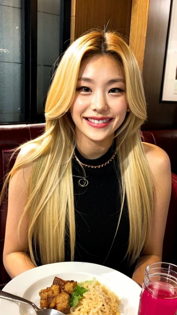 Blonde woman sitting at table with food in front of her, with long hair, Korean woman, with long hair,