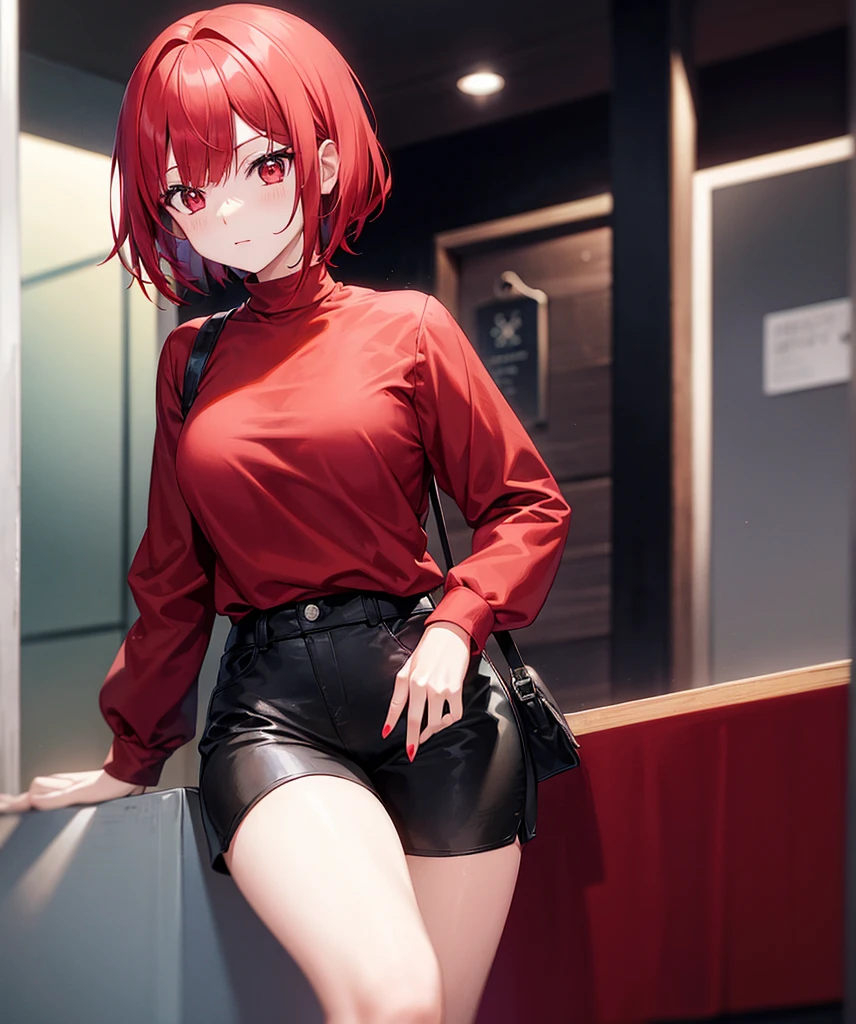 woman、bright red hair,short bob,Braiding hair,red eyes,Black long sleeves,Black shorts,
