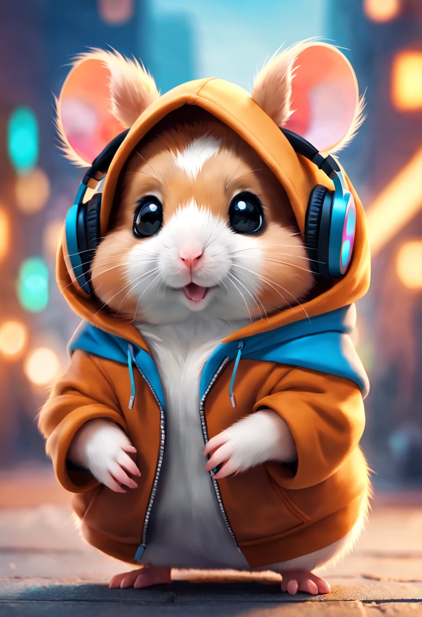 Cute hamster with fluffy fur wearing one hoodie and headphones, city background is blurred, Adorable Digital Painting, 3d rendered, Bright lighting, Vibrant colors,