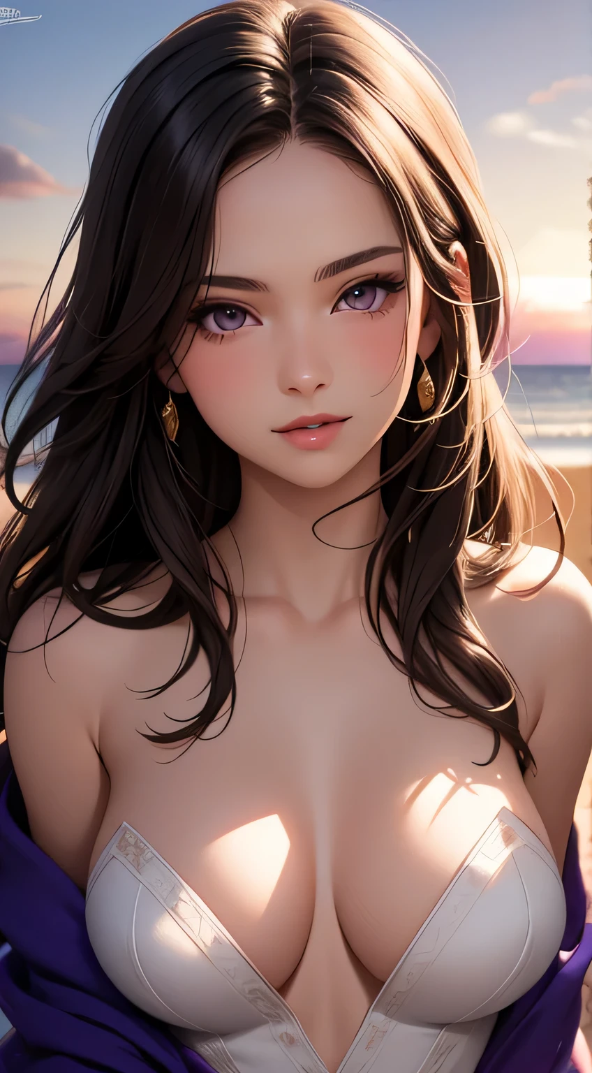 (masterpiece, best quality), intricate details, thin, beautiful girl, Long brown hair, white skin, hazel eyes, sharp jawline, revealing purple mage robes, cleavage, large breasts, lips, upper body, close up, smirk, sunset beach setting, naked