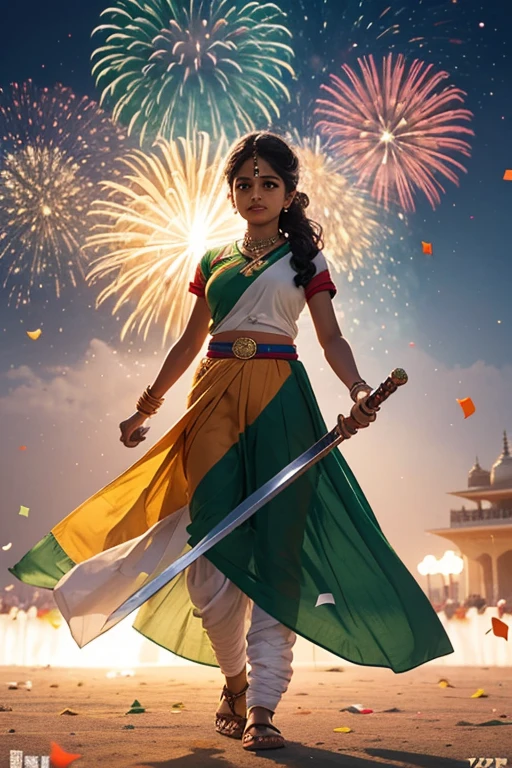 Create a vibrant and dynamic animation image capturing the essence of Republic Day celebration in India. The backdrop features the iconic tricolor Indian flag, while a spirited Rajputni girl, adorned in traditional attire, stands confidently with a sword in hand, exuding attitude and pride. The character should be animated, showcasing a full-body view with lively expressions. The Indian flag should be placed in the distance, symbolizing the patriotic celebration. Incorporate elements that evoke the spirit of Republic Day, such as confetti, fireworks, or other festive details, to enhance the overall festive atmosphere of the scene."