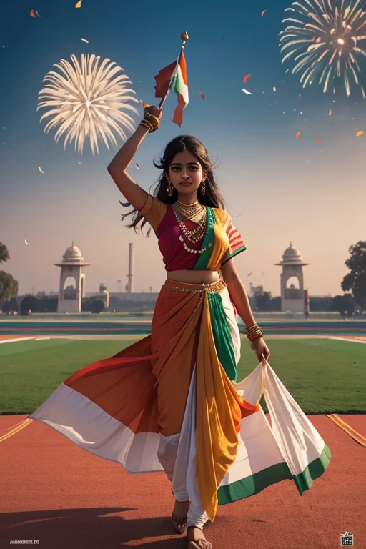 Create a vibrant and dynamic animation image capturing the essence of Republic Day celebration in India. The backdrop features the iconic tricolor Indian flag, while a spirited Rajputni girl, adorned in traditional attire, stands confidently with a sword in hand, exuding attitude and pride. The character should be animated, showcasing a full-body view with lively expressions. The Indian flag should be placed in the distance, symbolizing the patriotic celebration. Incorporate elements that evoke the spirit of Republic Day, such as confetti, fireworks, or other festive details, to enhance the overall festive atmosphere of the scene."