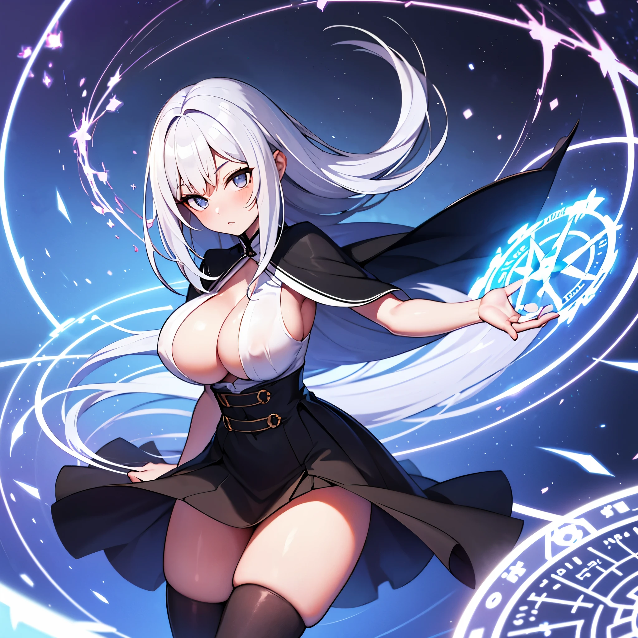 1 solo (thin little wizard) standing with floating magic circle, magic circle surrounding her waist, disproportionately gigantic huge breasts, cleavage, too short black high-waist skirt constrict thin waist, inky-black thighhighs, (thin long legs), absurdly long straight white hair, frilled white shirts with open chest wide, short black capelet
