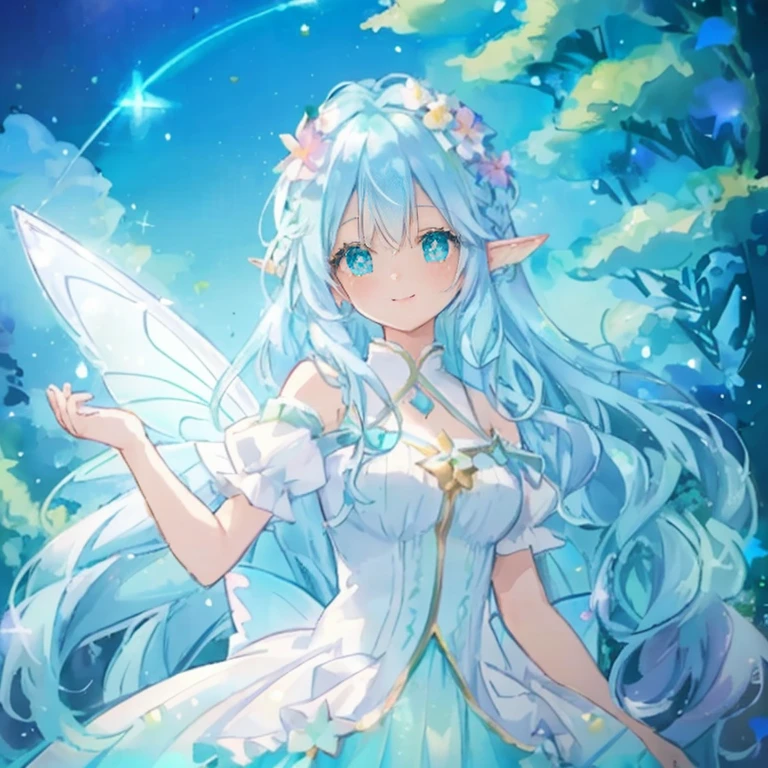 beautiful fairy girl in tiered colorful gradient ballgown dress, gradient sparkling ,A dress with lots of frills、 queen of the fairies, Huge white fairy wings、 Flowers and colorful plants, beautiful, masterpiece, highest quality、gradient hair, light blue hair, floating hair, wavy fluffy hair, very long hair, Hair ribbon at the back of the head, pastel wreath on head, aqua eye, long eyelashes, pointed ears, light smile, bright pupils、bright light、Colorful flower garden、sky at night、Fairy Light、fairy magic、A gentle light drifts、colorful petals、magical lights、