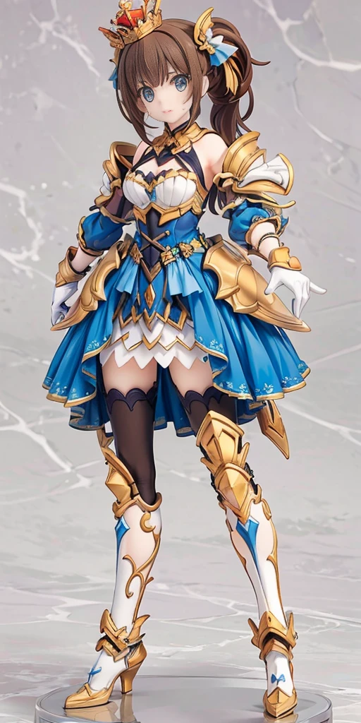 ((masterpiece:1.2)), ((highest quality)), concept art, character concept art, character sheet, (masterpiece), best quality, 1girl, solo,  a girl in armor and a crown,white armor, golden decoration, off-shoulder, breasts, thighhighs, long hair, brown hair, sidetail, armored legs, cleavage, bare shoulders, zettai ryouiki, crown, gloves, armor, simple background, white gloves, high heels, shoulder armor