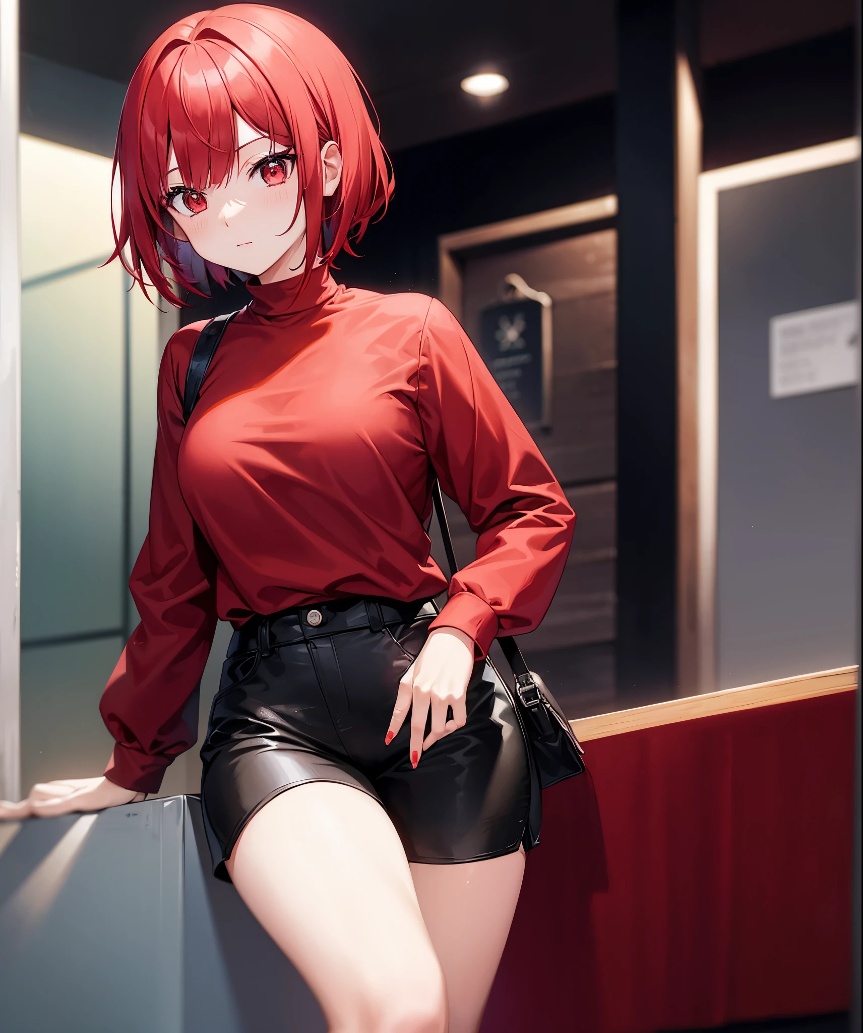 woman、bright red hair,short bob,Braiding hair,red eyes,Black long sleeves,Black shorts,
