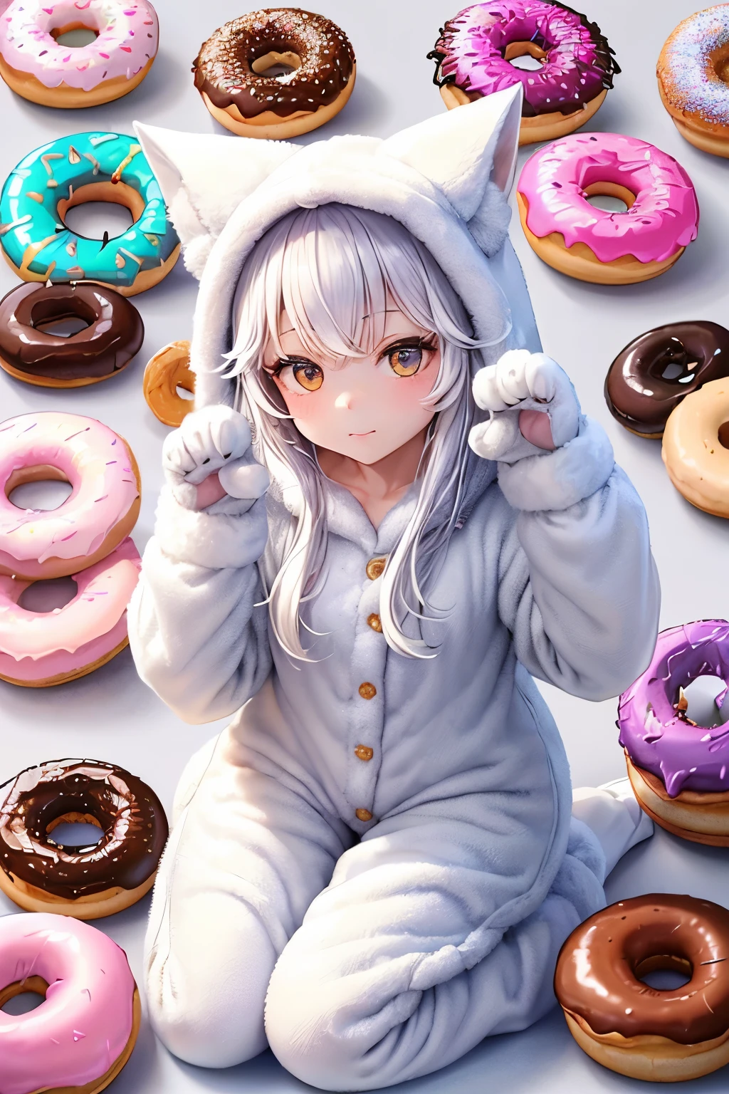 ((worst quality, low quality)), ((close)), ( girl), silver hair, (Fluffy white fox costume pajamas:1.4), (open income:1.2), (pale white pajamas:1.4), Animal Hoodie, (hood up:1.3, under the hoodie, Fox Kenomimi, oversized hoodie), (Cat Paw Gloves:1.3), ((Gaoh Pose:1.5)),donut効果, (donutまみれ:1.3), (donut🍩:1.5))), background of room decorated for party, highest quality,Super detailed, masterpiece,