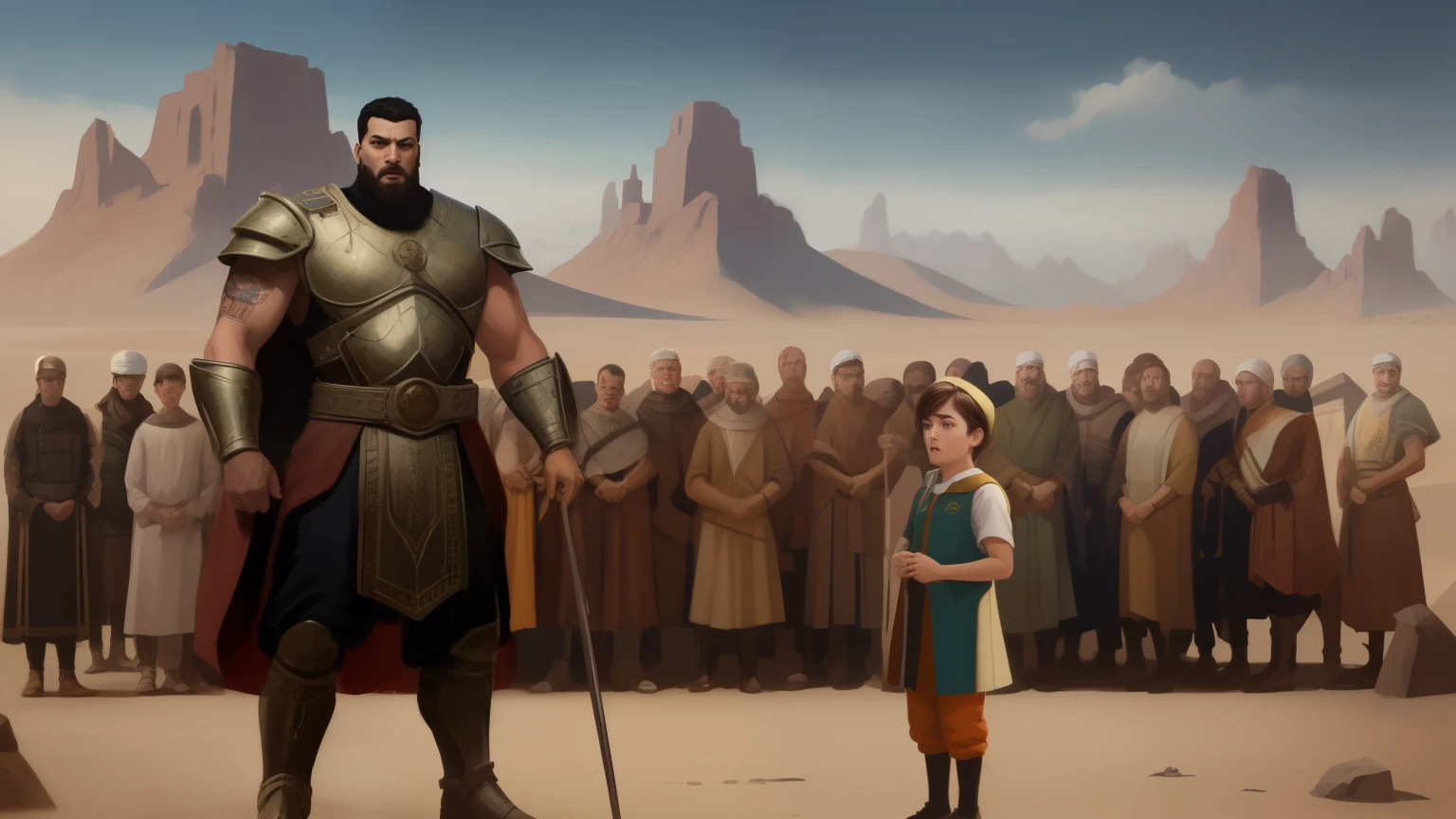 Generate an image that represents the episode described in 1 Samuel 17:41, focando no confronto entre Davi e Golias. Destaque Golias, o gigante filisteu, with stunning details of his imposing stature and menacing armor. No centro da imagem, posicione Davi, o jovem pastor, highlighting your confident expression in the face of the challenge. Ao redor, inclua soldados filisteus e israelitas, capturing their surprised reactions, fear or disbelief. Create an atmosphere of palpable tension, refletindo o momento crucial antes do combate, petros and leonid, david and goliath, wojtek fus, by Juan O'Gorman, artgerm and atey ghailan