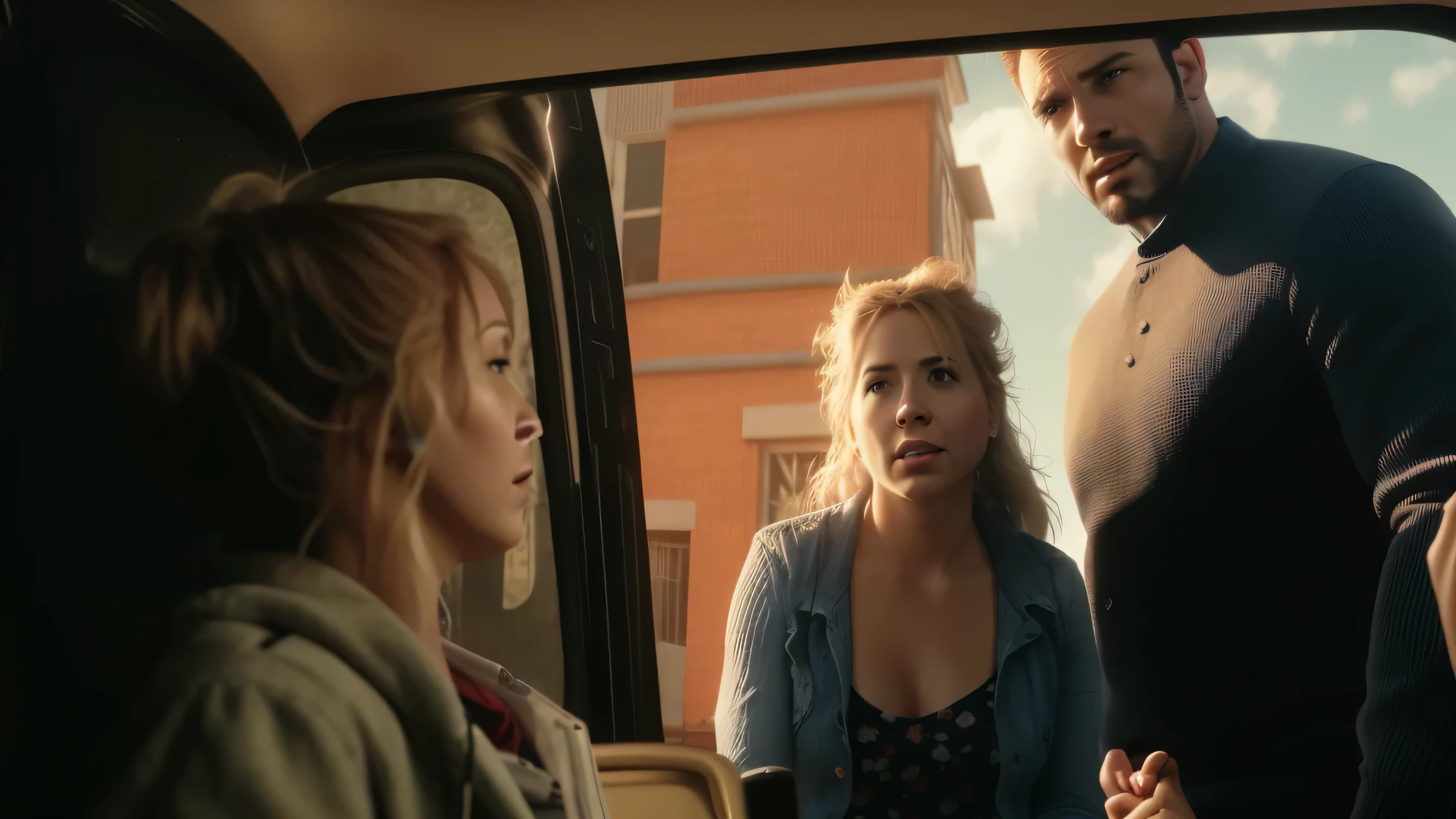 there is a man and a woman talking to a  in a car, movie screencap, screenshot from a movie, in this ominous scene, full color still, movie screen shot, movie screenshot, # film, very realistic film still, scene from a movie, perfectly lit. movie still, still from a movie, still from a live action movie