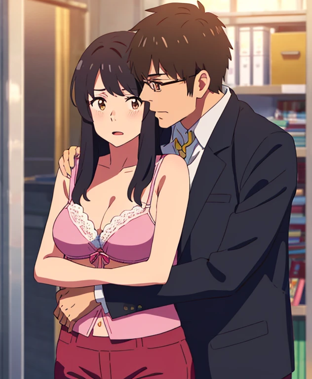 shinkai makoto, kimi no na wa., 1middle age man, wrinkle face, black hair,bangs swept to the right side, office suit, middle aged man caressing girl's body, kiss cheeks, passionate hug, boy is hugging from behind, chestgrope from behind, middle aged man is touchig girl's chest, hold chest, 1girl, bangs, black hair, open mouth, brown eyes, Twisted Half Up Hair, red ribbon, long hair, yellow collared shirt, open shirt, off shoulders,unbuttoned shirt, pink bra, cleavage, breast, medium breast, blue pants, storage room, indoors, masterpiece, perfect ???????, cowboyshot