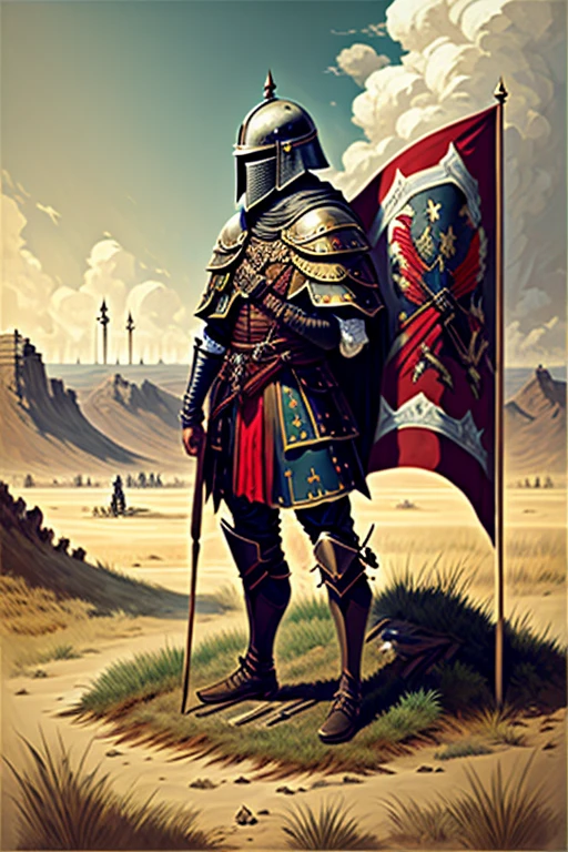 A knight, holding a banner, standing on top of dead soldiers