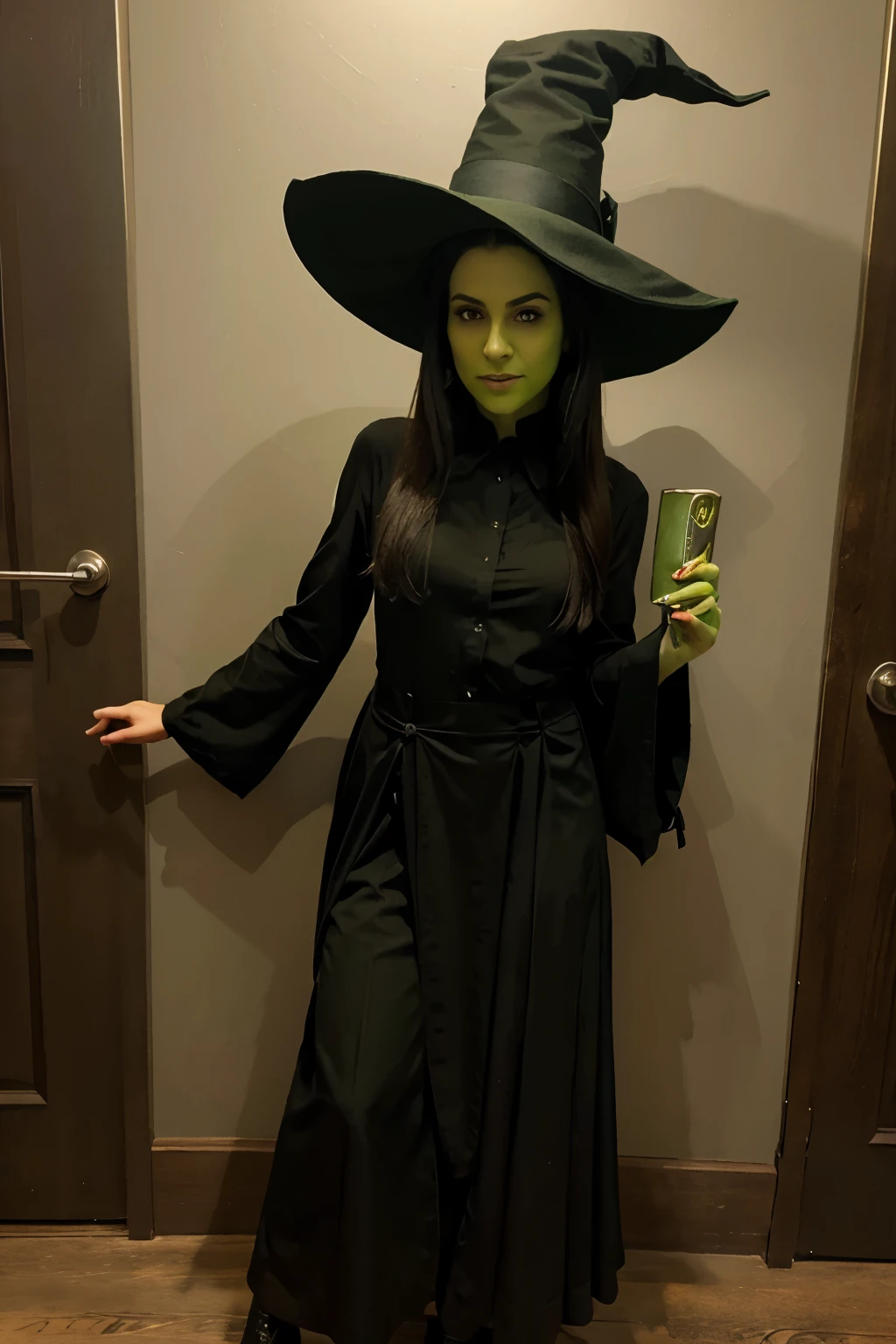 full body picture of a young wicked green elphaba, hat