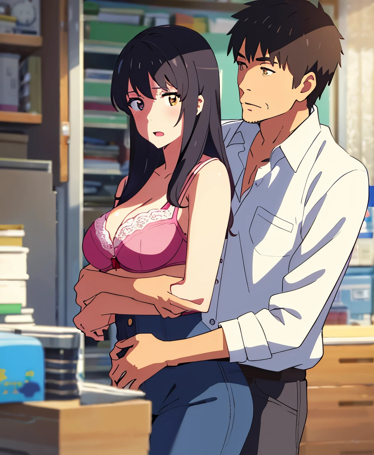shinkai makoto, kimi no na wa., 1middle age man, wrinkle face, black hair,bangs swept to the right side, office suit, middle aged man caressing girl's body, kiss cheeks, passionate hug, boy is hugging from behind, chestgrope from behind, middle aged man is touchig girl's chest, hold chest, 1girl, bangs, black hair, open mouth, brown eyes, Twisted Half Up Hair, red ribbon, long hair, yellow collared shirt, open shirt, off shoulders,unbuttoned shirt, pink bra, cleavage, breast, medium breast, blue pants, storage room, indoors, masterpiece, perfect anatomy, cowboyshot
