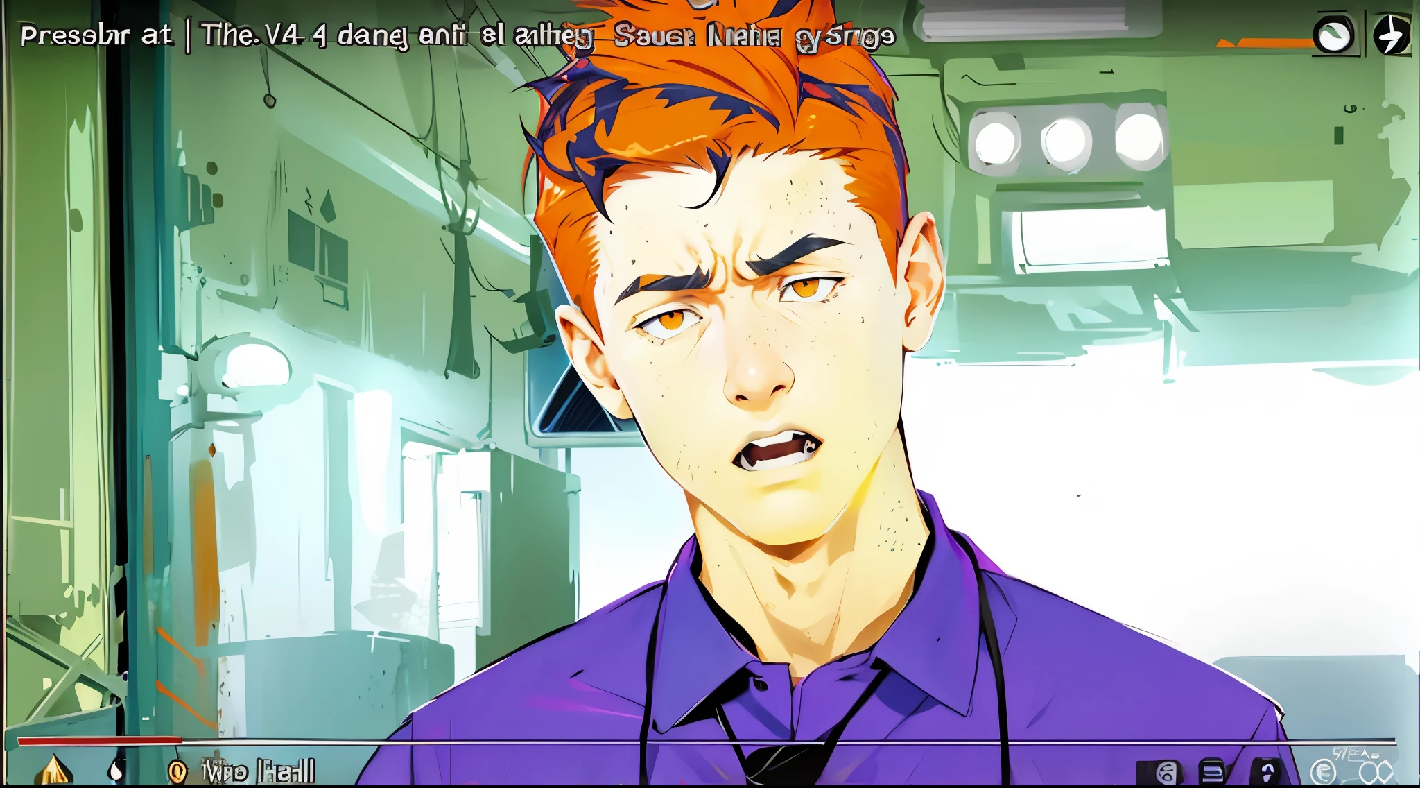 There is an angry  boy yelling at someone orange hair orange eyes