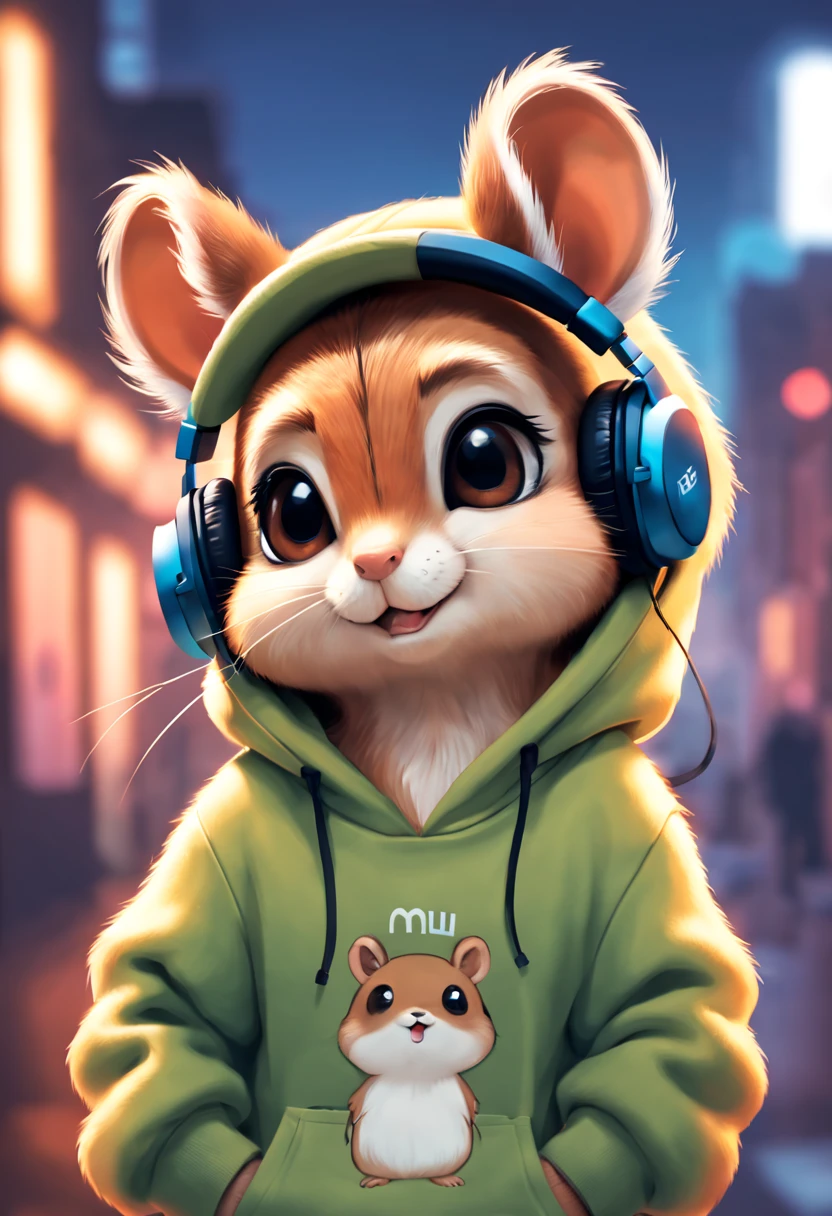 Cute chipmunk with fluffy fur wearing one hoodie and headphones, city background is blurred, Adorable Digital Painting, 3d rendered, Bright lighting, Vibrant colors,