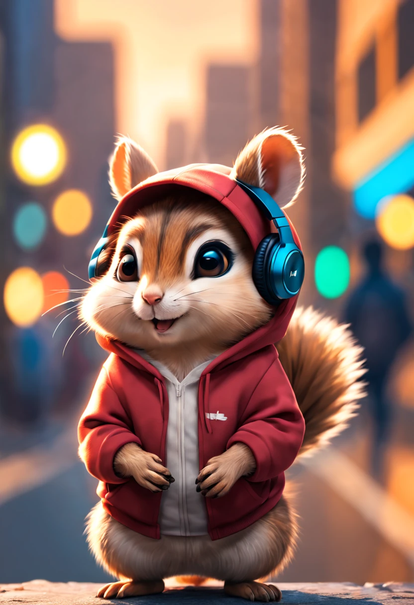 Cute chipmunk with fluffy fur wearing one hoodie and headphones, city background is blurred, Adorable Digital Painting, 3d rendered, Bright lighting, Vibrant colors,