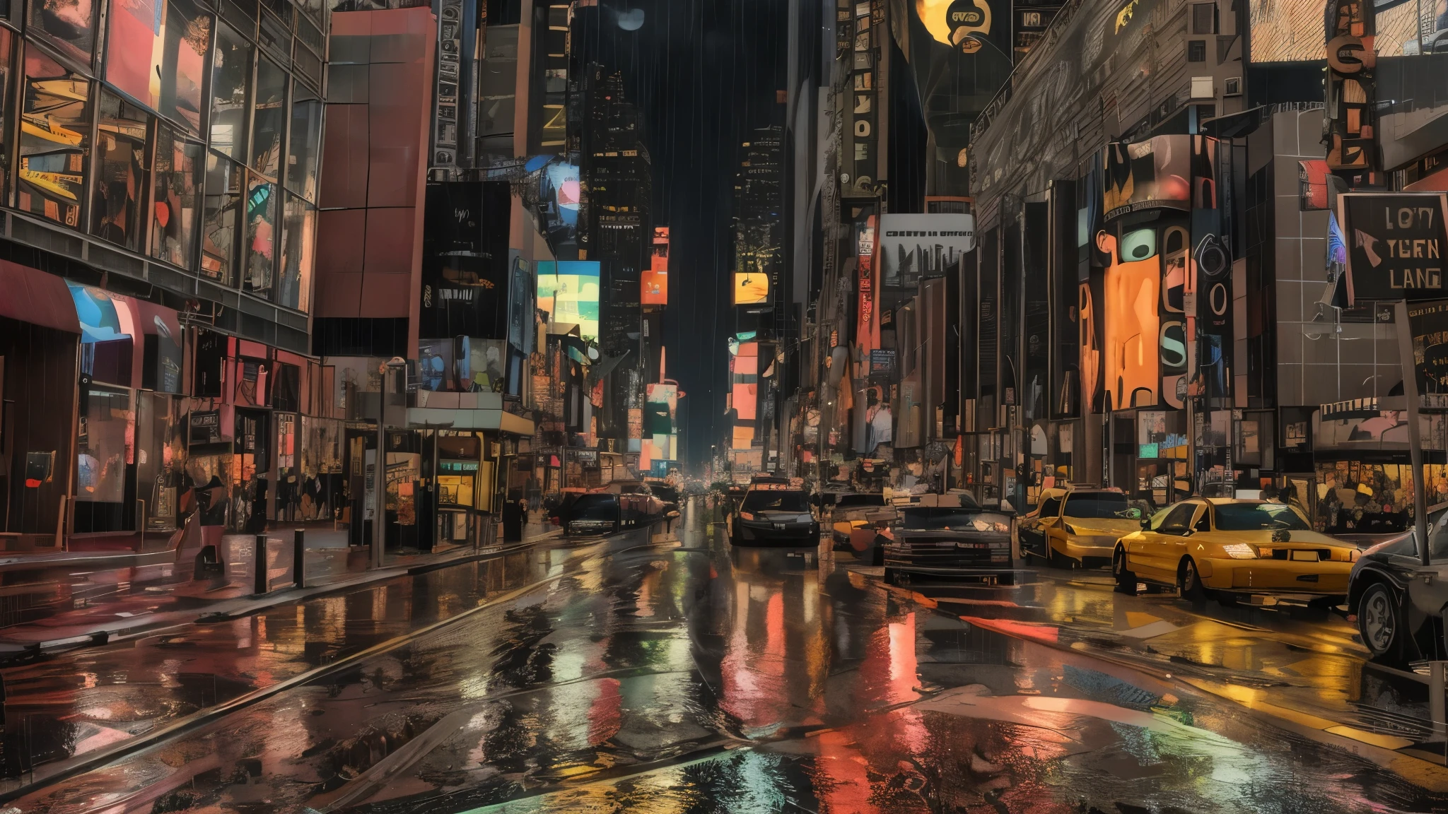 Arafuru street with cars and neon lights at night, the city that never sleeps, street of new york, times square, time square, street of new york並み, New York City at night, Streets of New York, Night city in the rain, rainy city at night, Busy wet street at night, New York City, rainy night city street, New York City background