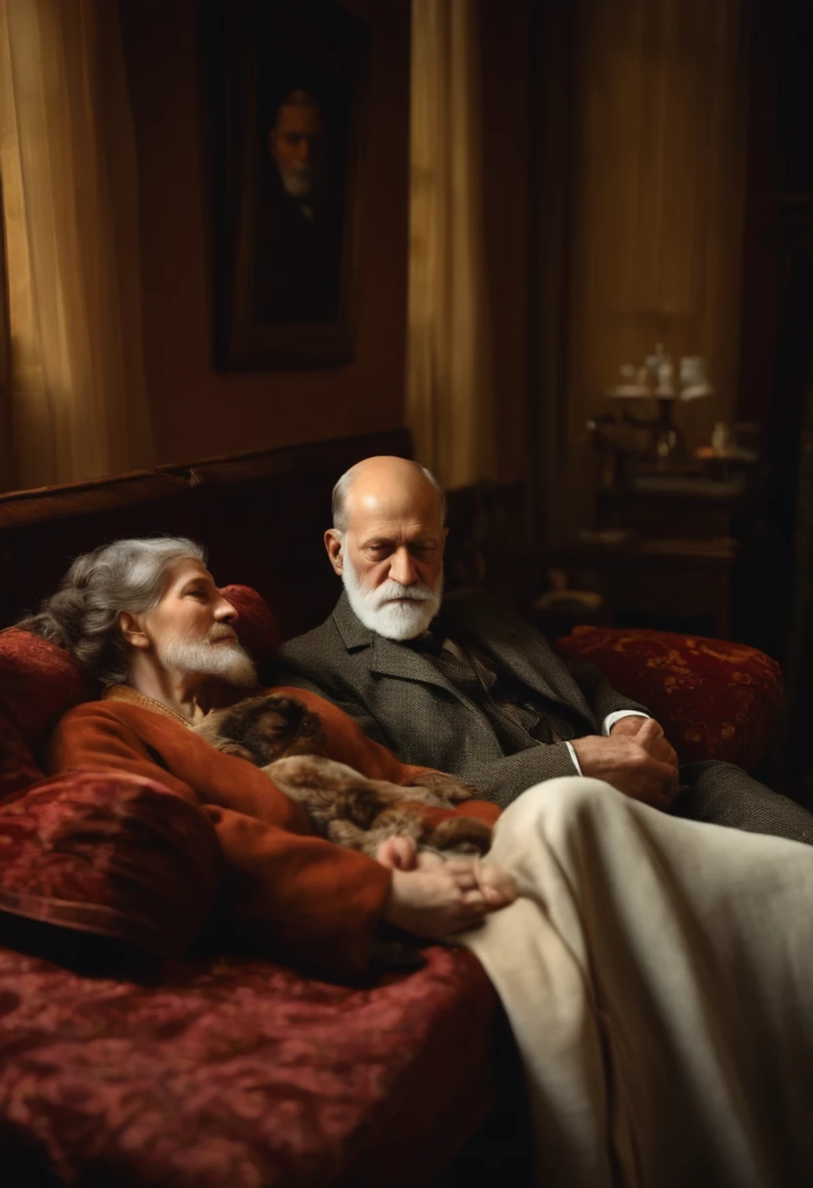 Sigmund Freud caring for a patient lying on the couch