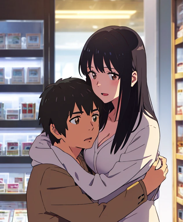 shinkai makoto, kimi no na wa., 1middle age man, wrinkle face, black hair,bangs swept to the right side, Middle aged man behind girl, hug back, hugging,1girl, bangs, black hair, brown eyes, open mouth, Twisted Half Up Hair, red ribbon, long hair, long sleeve light yellow cardigan, open shirt, white shirt, cleavage, breast, medium breast, indoors, jewelry shop, indoors, mall, masterpiece, perfect anatomy, cowboyshot,