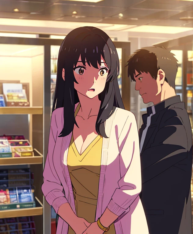 shinkai makoto, kimi no na wa., 3boys, 1girl is surrounding by 3boys, 1girl, bangs, black hair, brown eyes, worried eyes, open mouth, Twisted Half Up, red ribbon, long hair, pink cardigan, open shirt, yellow shirt, cleavage, breast, medium breast, black shirt skirt, covering her chest, indoors, hallway, masterpiece, perfect anatomy, cowboyshot