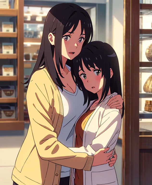 shinkai makoto, kimi no na wa., 1middle age man, wrinkle face, black hair,bangs swept to the right side, Middle aged man behind girl, hug back, hugging,1girl, bangs, black hair, brown eyes, open mouth, Twisted Half Up Hair, red ribbon, long hair, long sleeve light yellow cardigan, open shirt, white shirt, cleavage, breast, medium breast, indoors, jewelry shop, indoors, mall, masterpiece, perfect anatomy, cowboyshot,