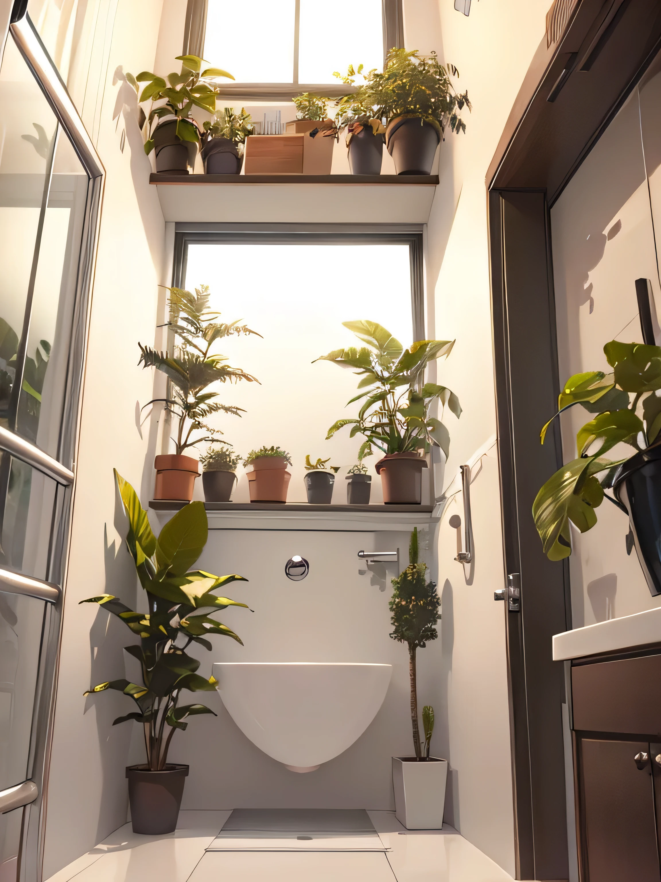 corner bathroom shower with plants around it, view from bottom to top