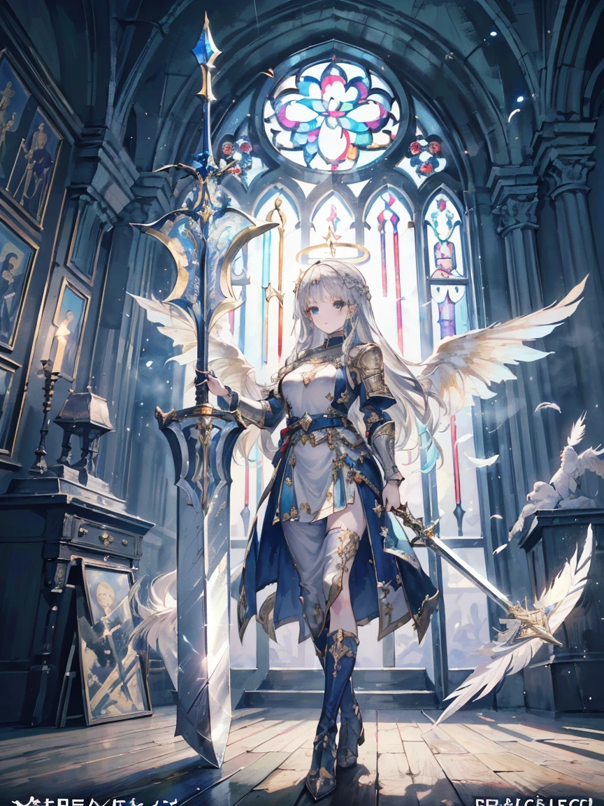 (official art、highest quality、Unity 8k wallpaper、32K、masterpiece、super detailed、Super high resolution、realistic、Photoreal、so ridiculous:1.2)、(cinematic lighting:1.2)、fire glow effect、film grain、best shadows、rim lighting、side light、(Super detailed and complex 3D rendering)、詳細なbeautiful faceと目、sharp pupils、realistic生徒、Slender、1men and women、medium bust、(whole body:1.2)、 beautiful face、 beautiful girl、(super dense skin、fine skin texture:1.3)、(silver blonde、blue silver hair:1.3)、paladin、long hair、dull bangs、green eyes、3 braids in 1 bundle、(blue armor、blue boots、Blue helmet、jeweled、gold embroidery)、Slender、maxi skirt、(thighs thighs thighs:0.8)、(cheese、in house、artistic stained glass、large pipe organ、halo point、Mysterious、many feathers floating、Angelic、particles of light、Majestic、Sunlight is、Colorful、Fantastic:1.2)、(Fantastic:1.3)、(Holding the holy sword:1.4)、Fantastic、smile