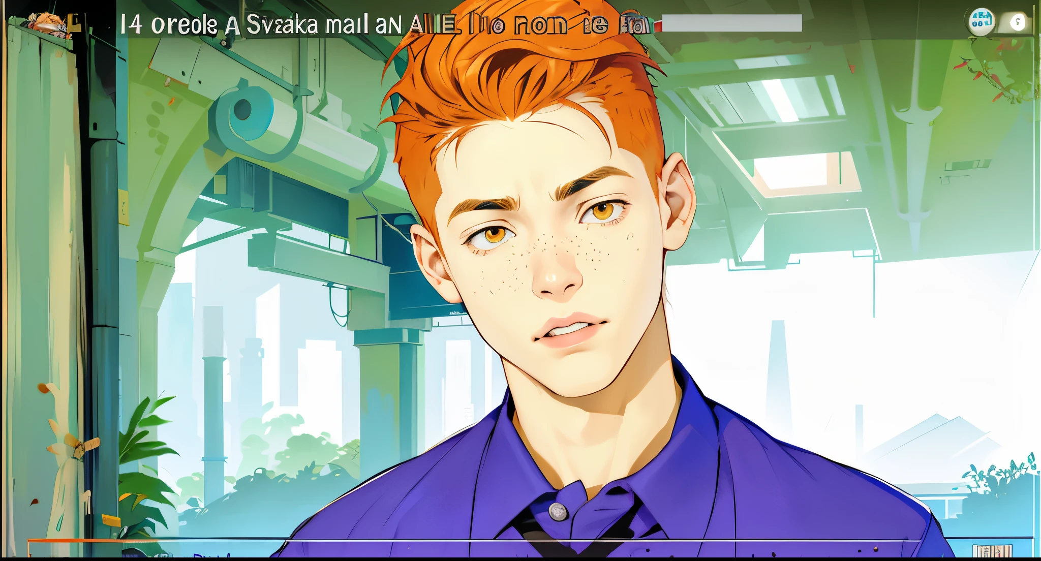 The young man is upset and yells at someone. The young man is 14 years old. Tender face. Orange hair. Orange eyes. , esta hablando esta algo molesto grita
