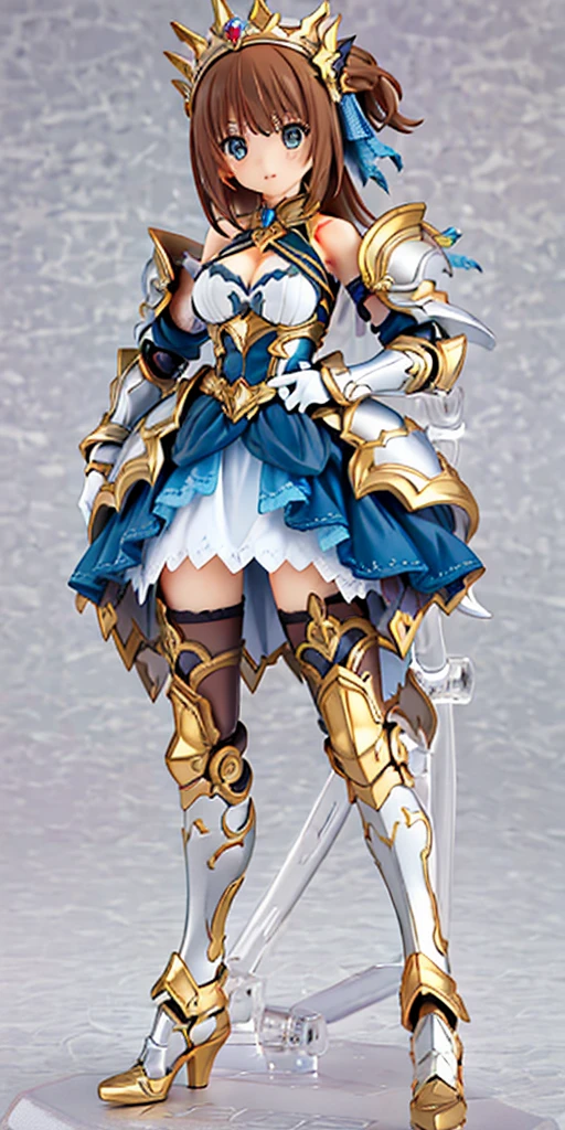 ((masterpiece:1.2)), ((highest quality)), concept art, character concept art, character sheet, (masterpiece), best quality, 1girl, solo,  a girl in armor and a crown,white armor, golden decoration, off-shoulder, breasts, thighhighs, long hair, brown hair, sidetail, armored legs, cleavage, bare shoulders, zettai ryouiki, crown, gloves, armor, simple background, white gloves, high heels, shoulder armor,figma