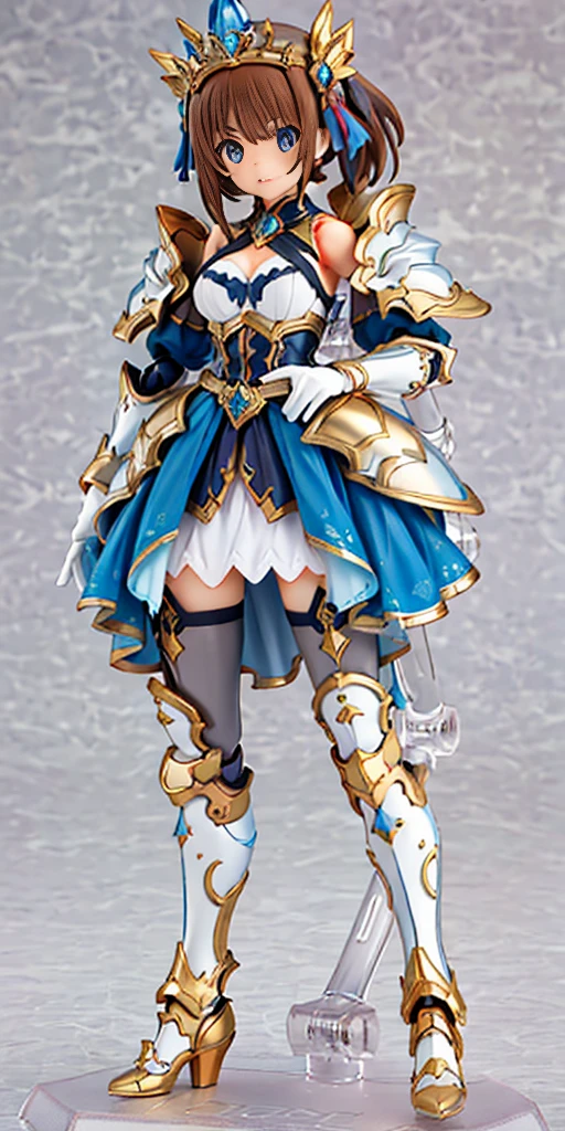 ((masterpiece:1.2)), ((highest quality)), concept art, character concept art, character sheet, (masterpiece), best quality, 1girl, solo, a girl in armor and a crown,white armor, golden decoration, off-shoulder, breasts, thighhighs, long hair, brown hair, sidetail, armored legs, cleavage, bare shoulders, zettai ryouiki, crown, gloves, armor, simple background, white gloves, high heels, shoulder armor,figma