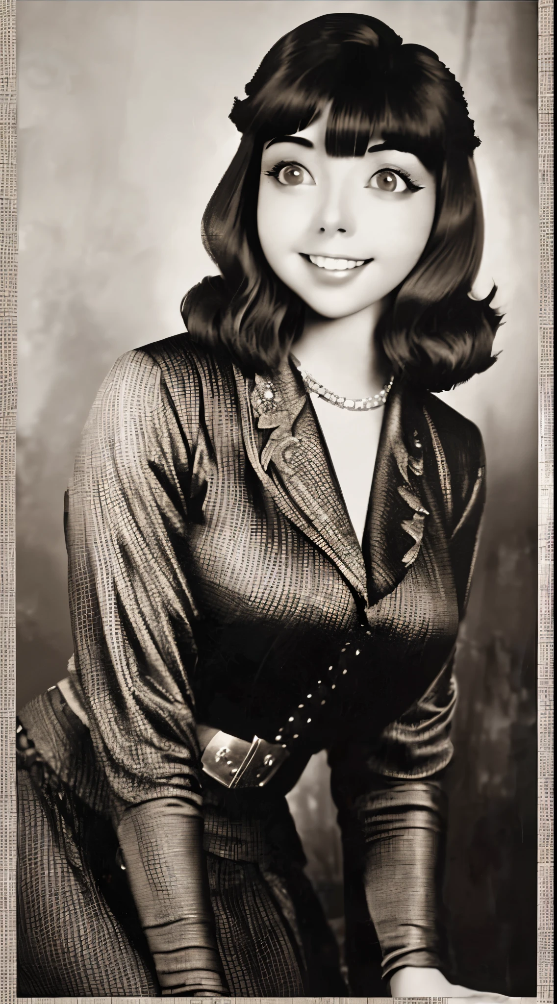 portrait of  a girl, a retro haircut, double tails, dressed in a 1930s-inspired dress, pencil skirt