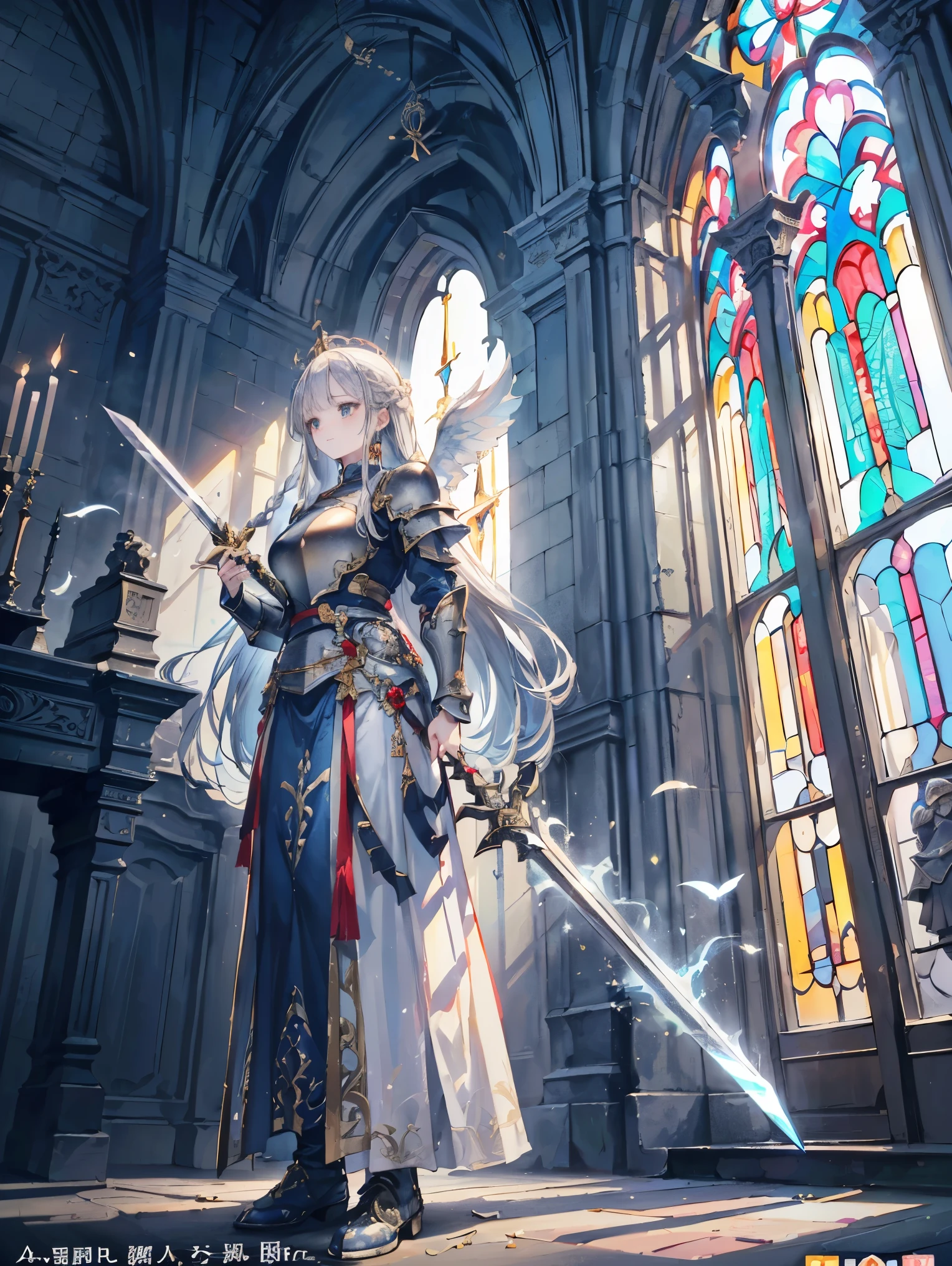 (official art、highest quality、Unity 8k wallpaper、32K、masterpiece、super detailed、Super high resolution、realistic、Photoreal、so ridiculous:1.2)、(cinematic lighting:1.2)、fire glow effect、film grain、best shadows、rim lighting、side light、(Super detailed and complex 3D rendering)、詳細なbeautiful faceと目、sharp pupils、realistic生徒、Slender、1men and women、medium bust、(whole body:1.2)、 beautiful face、16 year old beautiful girl、(super dense skin、fine skin texture:1.3)、(silver blonde、blue silver hair:1.3)、paladin、long hair、dull bangs、green eyes、3 braids in 1 bundle、(blue armor、blue boots、Blue helmet、jeweled、gold embroidery)、Slender、maxi skirt、(thighs thighs thighs:0.8)、(cheese、in house、artistic stained glass、large pipe organ、halo point、Mysterious、many feathers floating、Angelic、particles of light、Majestic、Sunlight is、Colorful、Fantastic:1.2)、(Fantastic:1.3)、(Holding the holy sword:1.4)、Fantastic、smile