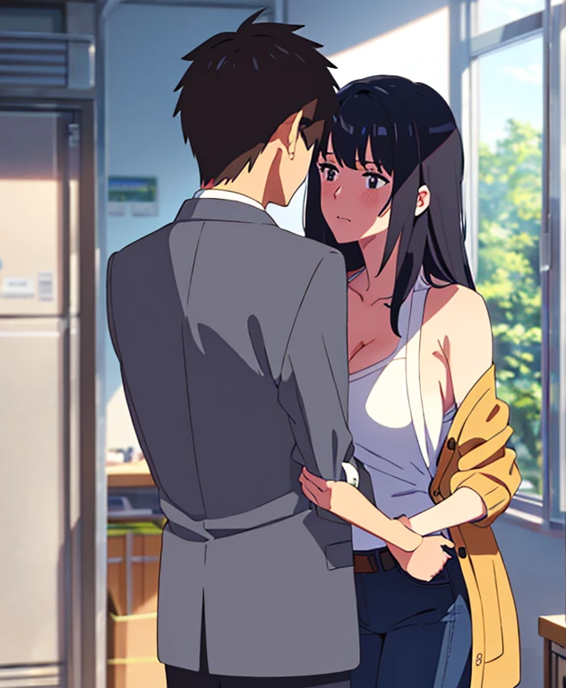 shinkai makoto, kimi no na wa., 1middle age man, wrinkle face, black hair,bangs swept to the right side, office suit, middle aged man caressing girl's body, kiss cheeks, passionate hug, boy is hugging from behind, chestgrope from behind, middle aged man is touchig girl's chest, hold chest, 1girl, bangs, black hair, brown eyes, Twisted Half Up Hair, red ribbon, long hair, yellow cardigan,off shoulder cardigan, open shirt, white shirt, cleavage, breast, medium breast, blue pants, storage room, indoors, masterpiece, perfect anatomy, cowboyshot
