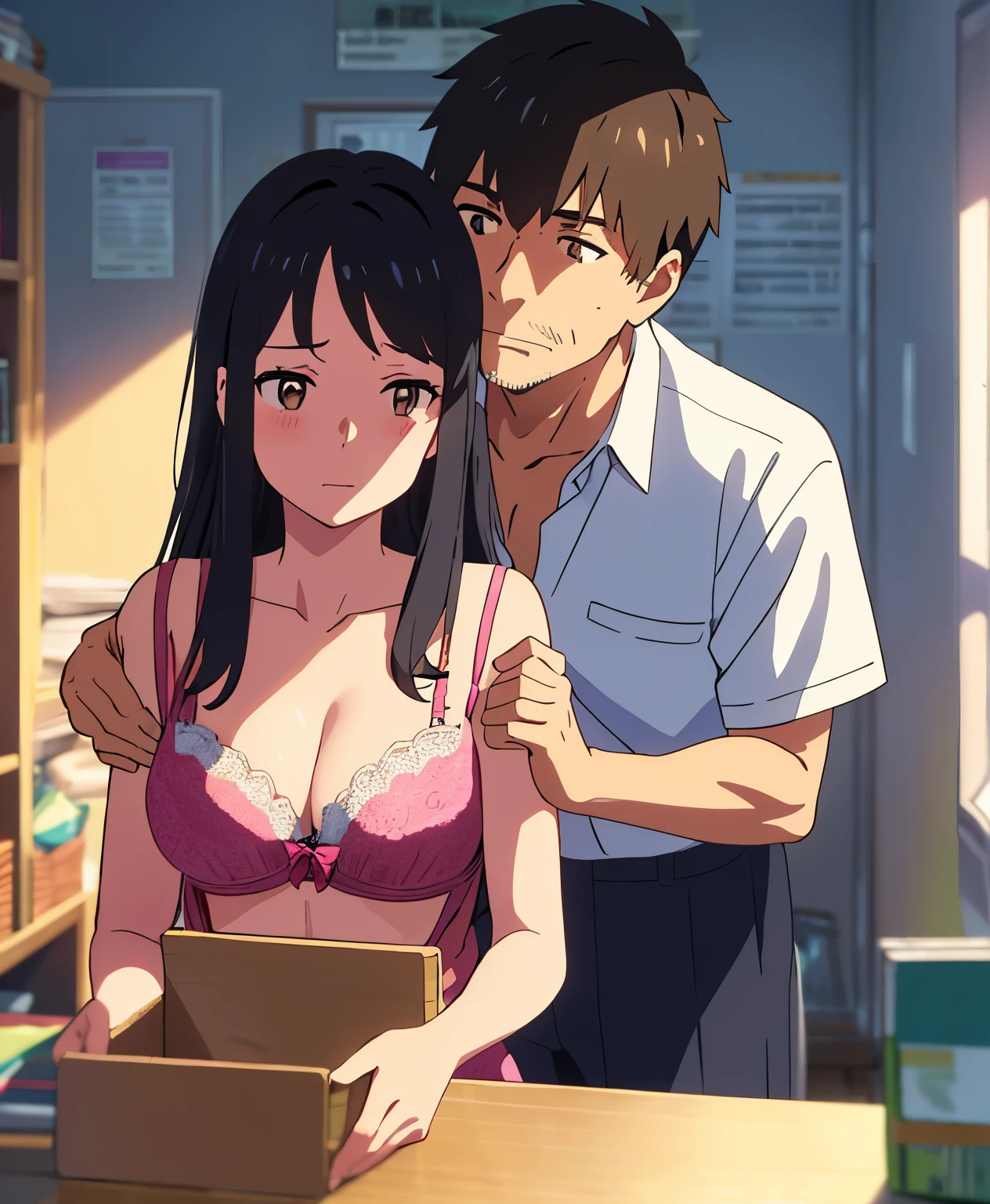 shinkai makoto, kimi no na wa., 1middle age man, wrinkle face, black hair,bangs swept to the right side, office suit, middle aged man caressing girl's body, kiss cheeks, passionate hug, boy is hugging from behind, chestgrope from behind, middle aged man is touchig girl's chest, hold chest, 1girl, bangs, black hair, brown eyes, Twisted Half Up Hair, red ribbon, long hair, yellow collared shirt, open shirt, off shoulders,unbuttoned shirt, pink bra, cleavage, breast, medium breast, blue pants, storage room, indoors, masterpiece, perfect anatomy, cowboyshot