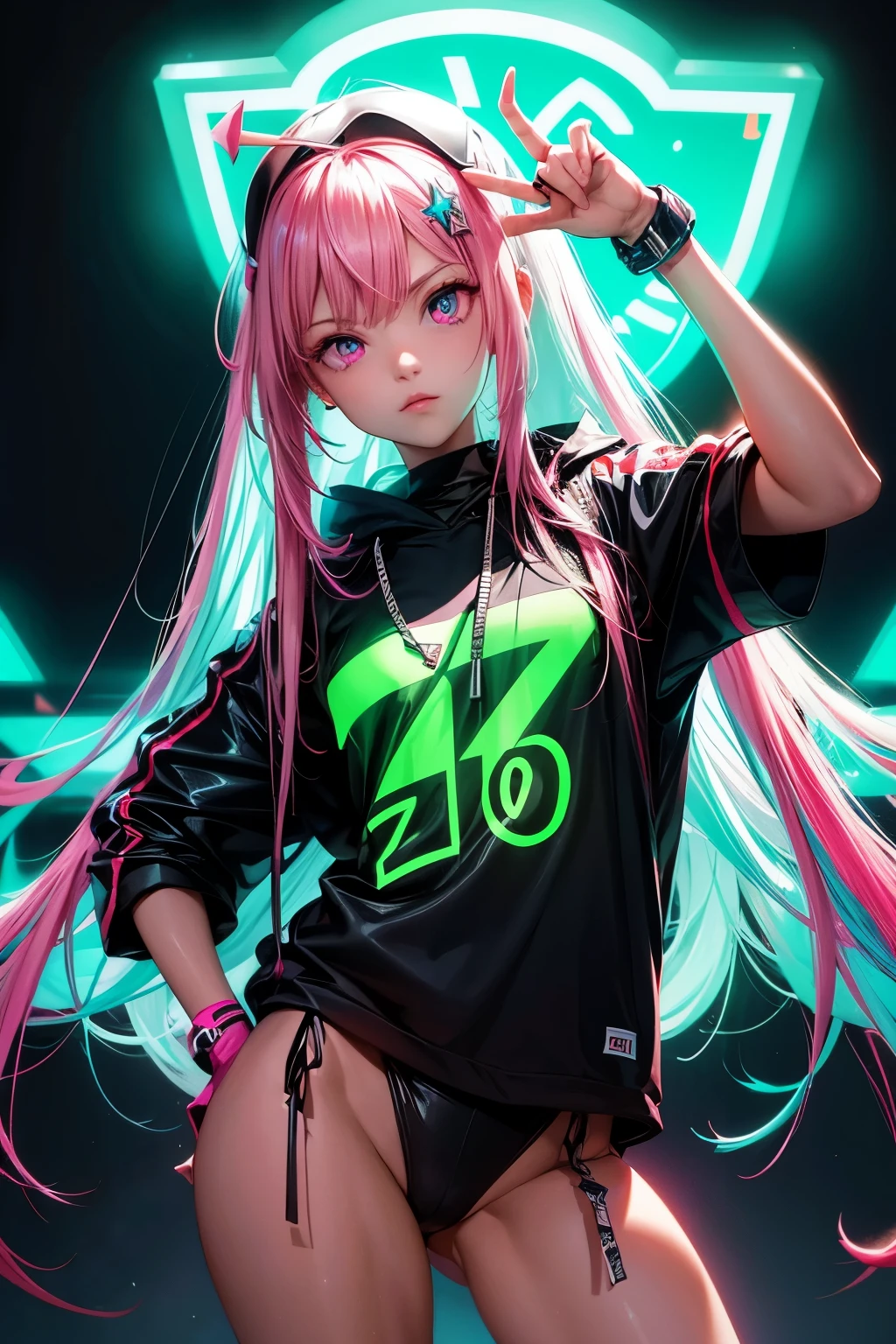 "zero two posing, cool rapper clothes, neon and shiny eyes, vibrant color, 4k, neon background"