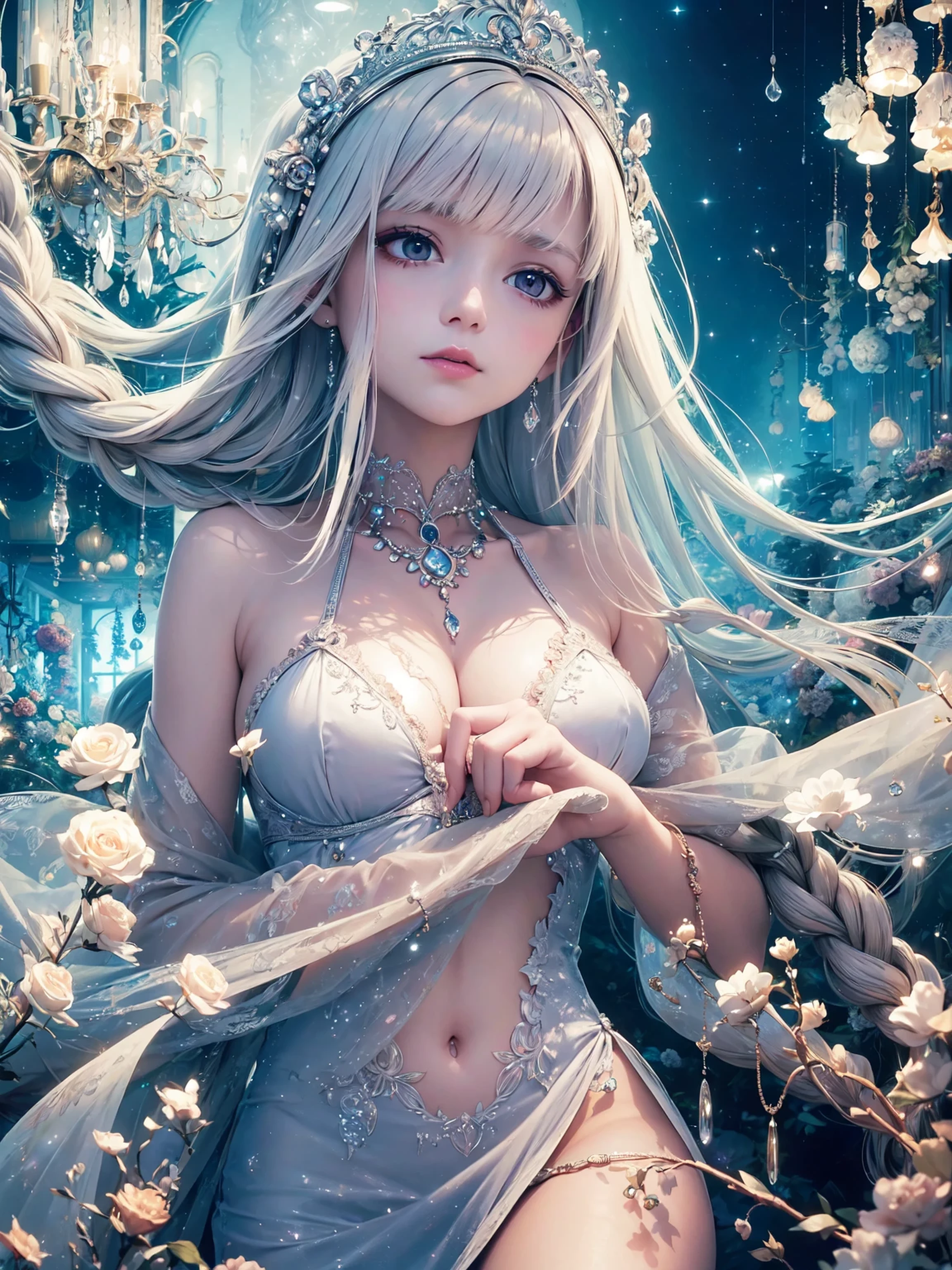 One girl, 独奏で, (((trapped in big krystal)))(trapped in krystal:1.7),((add eye details)), ((add face details)), krystal, Star, shine, beautiful night sky on background, Moon, Stars on background,Diamonds、たくさんのkrystalが付いたドレス, fantasy dress, A magical dress with a transparent chest, krystal製シースルー, lady with glowing flowers dress, intricate fantasy sheer dress, See-through rainbow color, translucent intricate gown, Translucent intricate costume design, translucent  dress, a stunning young ethereal figure, jeweled opal statue, fantasy transparent costume, Made of dried flowers、Glasswork、glass slipper with gold and white flowers, 気まぐれIntricate details, intricate and Elegant, beautiful detailed Elegant, Fairytale style, ultra Intricate details, Elegant. Highly detailed, complex and beautiful, golden Intricate details, Cinderella, side view Intricate details, Complex gold elements, Intricate details, Complex and detailed, super complex details、There is a sofa and table in a room with blue curtains, anime aesthetic, Anime Background, dreamy and detailed, anime beautiful peace scene, Anime Background art, beautiful anime scene, very magical and dreamy, blue and white tones, Relaxing environment, Ethereal dreamy theme, dreamy aesthetic, Anime that won the Aesthetic Award, relaxing concept art, blue themed, quiet and serene atmosphere、A charming, Sheer,The nipple is visible、large boob、sexy-S 100, seductive lingerie camisole、a close up of a woman's underwear with a Bra and panties, bright blue shiny lingerie, lingerie, lingeries beauty, Sheer underwear, laced lingerie, lingerie!!, Bra, wearing sexy lingerie, Bralette, captivating and enticing, harnesses and garters, lingeries, so sexy、Full-body image、The whole body is visible、frombelow、underfoot、Foot first、From head to toe、Toostock、lying back on、on the beds、Sleep in bed、sprawl、Melody Mark,top-quality、masutepiece、1womanl、独奏、(abstract  art:1.4),(Psychedelia Theme:1.6),(Gunjo World:1.5),(Snow World:1.5),(Winter World:1.5),(At the center of the world is the most beautiful woman in the world),(many stars are falling:1.3),A ray of light spreads,Crystals spreading from the center,prisma(Nostalgic landscapes:1.5),(colorful flower:1.3),Garden Girl,gentle sunlight,Soft breeze,Delicate flowers,A rainbow-colored butterfly flaps its wings,Mesmerizing natural beauty,Fragments of Shining Stars, krystal,